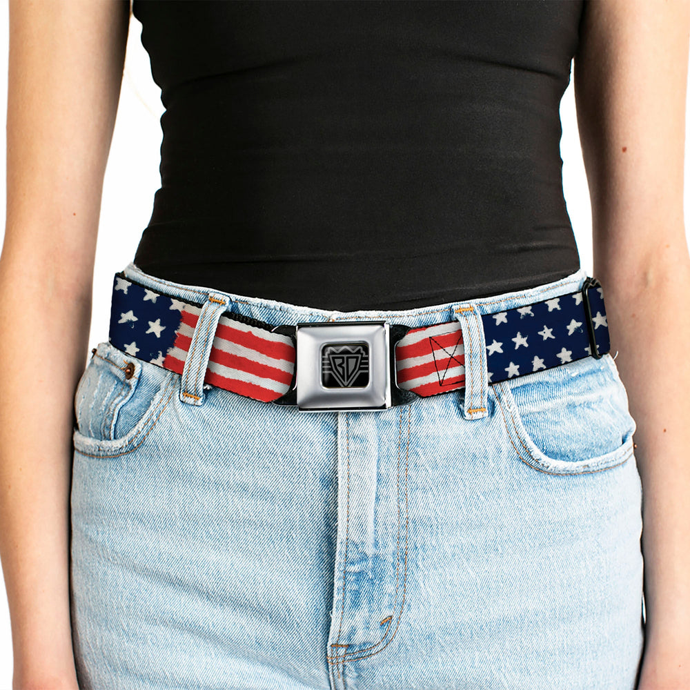 BD Wings Logo CLOSE-UP Full Color Black Silver Seatbelt Belt - Stars & Stripes Painting Webbing - Buckle-Down - Flyclothing LLC