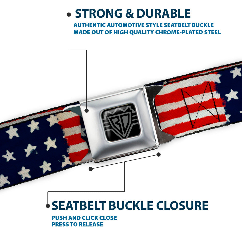 BD Wings Logo CLOSE-UP Full Color Black Silver Seatbelt Belt - Stars & Stripes Painting Webbing - Buckle-Down - Flyclothing LLC