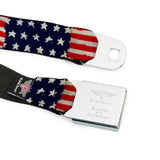 BD Wings Logo CLOSE-UP Full Color Black Silver Seatbelt Belt - Stars & Stripes Painting Webbing - Buckle-Down - Flyclothing LLC