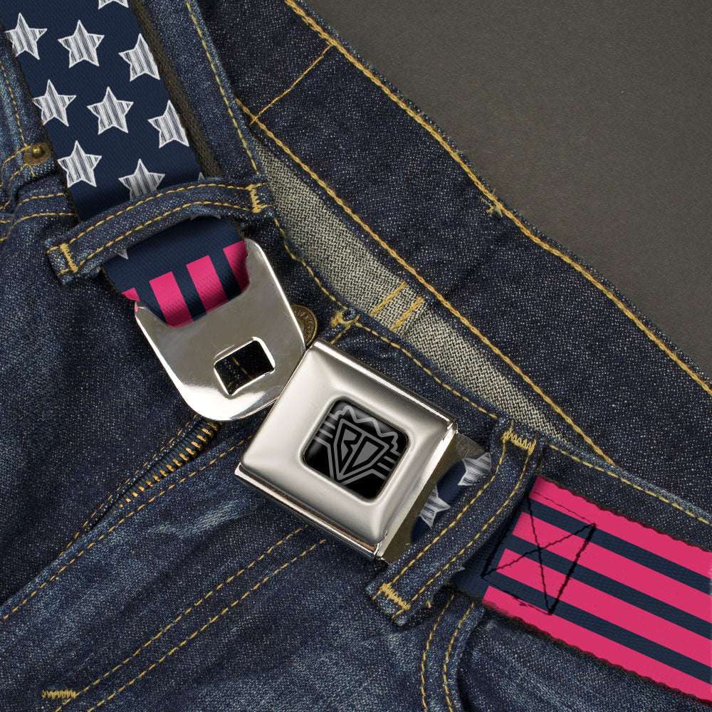 BD Wings Logo CLOSE-UP Black/Silver Seatbelt Belt - Stars & Stripes2 Blue/White/Pink Webbing - Buckle-Down - Flyclothing LLC