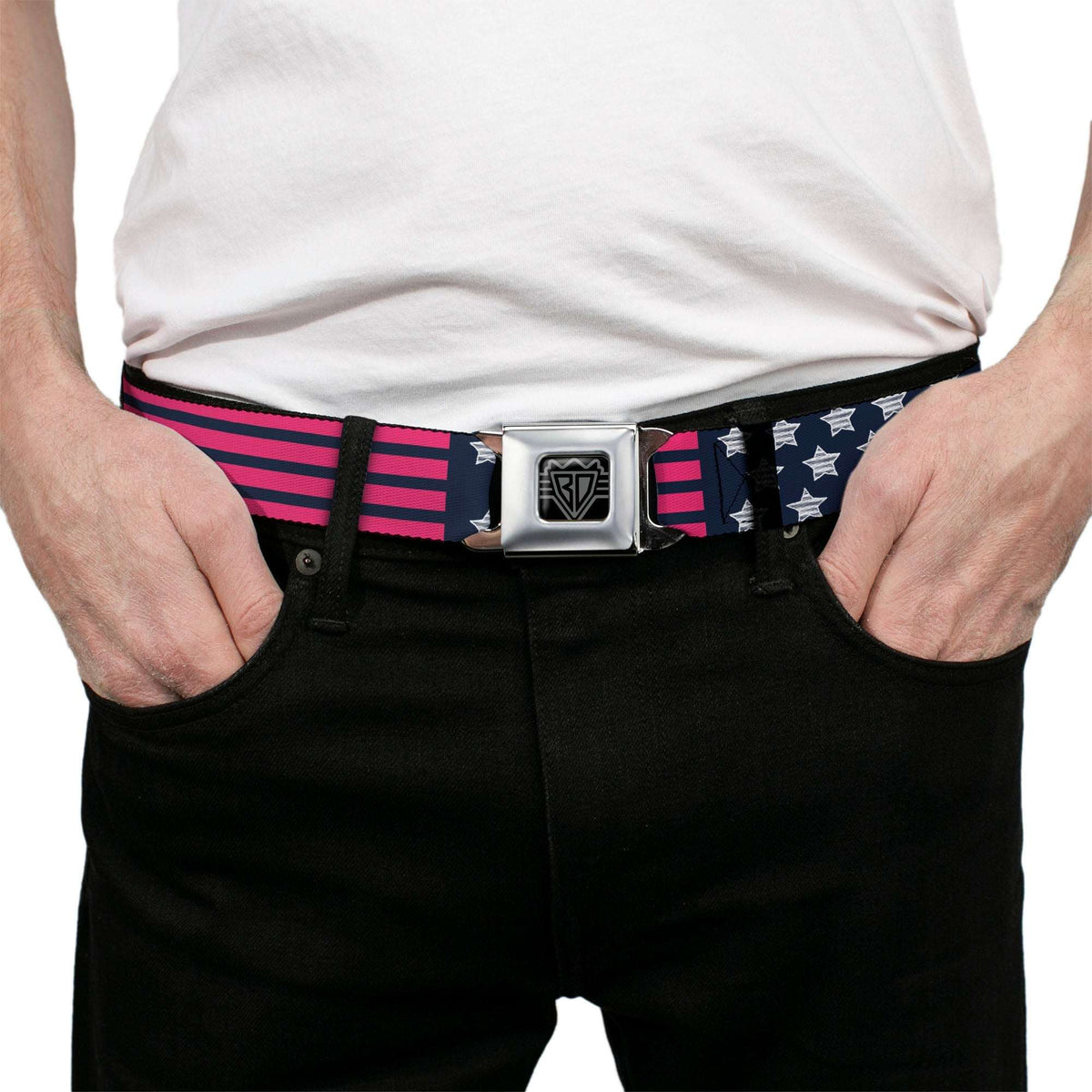 BD Wings Logo CLOSE-UP Black/Silver Seatbelt Belt - Stars & Stripes2 Blue/White/Pink Webbing - Buckle-Down - Flyclothing LLC