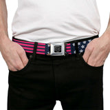 BD Wings Logo CLOSE-UP Black/Silver Seatbelt Belt - Stars & Stripes2 Blue/White/Pink Webbing - Buckle-Down - Flyclothing LLC