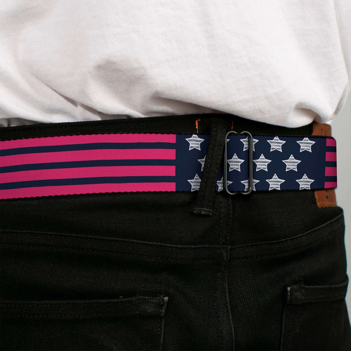 BD Wings Logo CLOSE-UP Black/Silver Seatbelt Belt - Stars & Stripes2 Blue/White/Pink Webbing - Buckle-Down - Flyclothing LLC