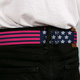 BD Wings Logo CLOSE-UP Black/Silver Seatbelt Belt - Stars & Stripes2 Blue/White/Pink Webbing - Buckle-Down - Flyclothing LLC