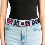 BD Wings Logo CLOSE-UP Black/Silver Seatbelt Belt - Stars & Stripes2 Blue/White/Pink Webbing - Buckle-Down - Flyclothing LLC