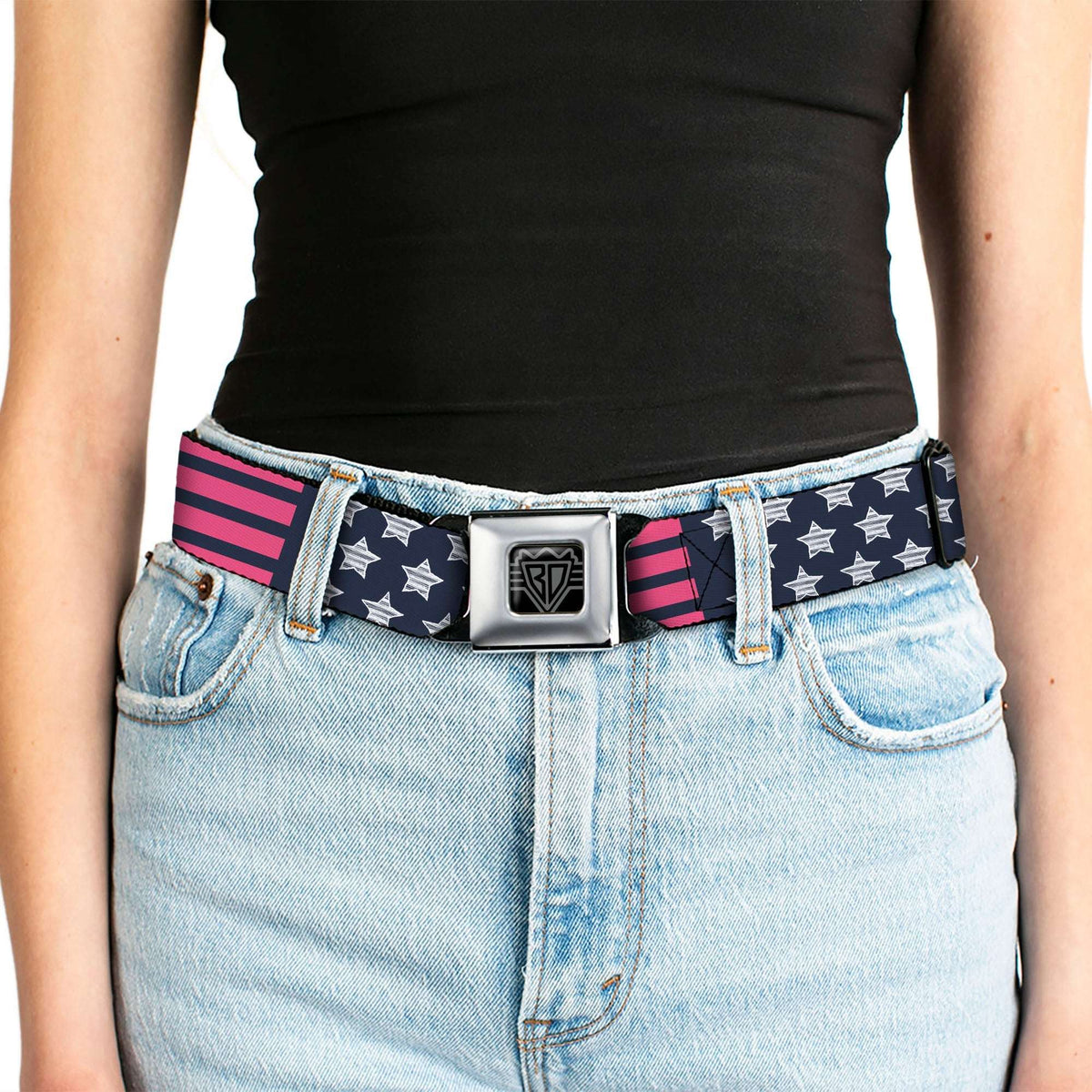 BD Wings Logo CLOSE-UP Black/Silver Seatbelt Belt - Stars & Stripes2 Blue/White/Pink Webbing - Buckle-Down - Flyclothing LLC