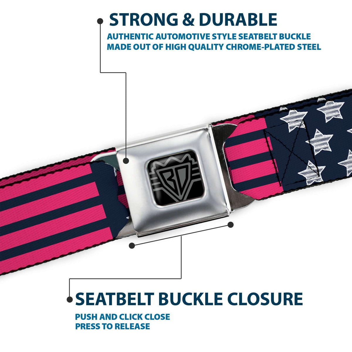 BD Wings Logo CLOSE-UP Black/Silver Seatbelt Belt - Stars & Stripes2 Blue/White/Pink Webbing - Buckle-Down - Flyclothing LLC