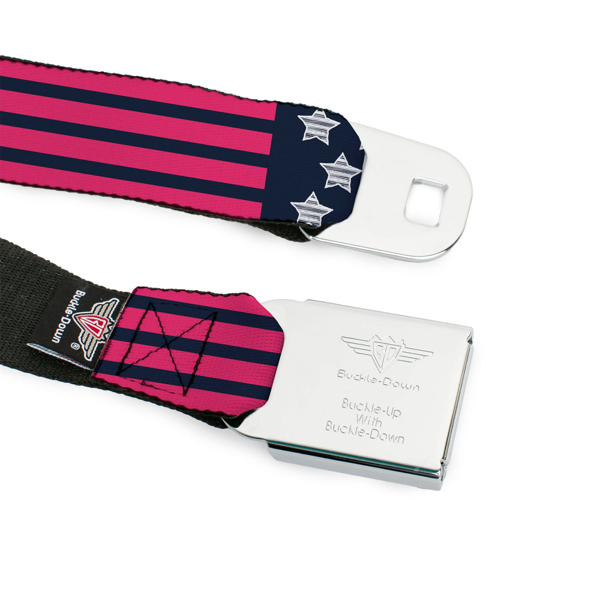 BD Wings Logo CLOSE-UP Black/Silver Seatbelt Belt - Stars & Stripes2 Blue/White/Pink Webbing - Buckle-Down - Flyclothing LLC