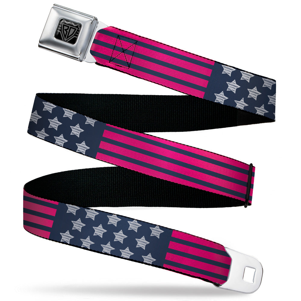 BD Wings Logo CLOSE-UP Black/Silver Seatbelt Belt - Stars & Stripes2 Blue/White/Pink Webbing - Buckle-Down - Flyclothing LLC