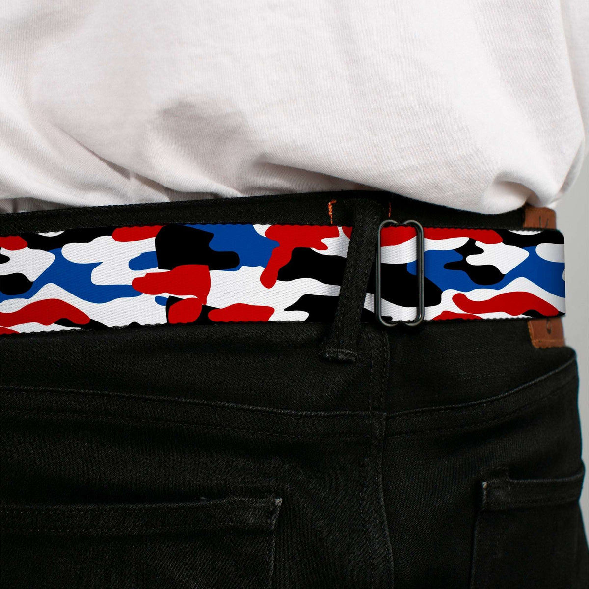 Chevy Bowtie Full Color Black/White Seatbelt Belt - Chevy Americana Camo Red/White/Blue/Black Webbing - Buckle-Down - Flyclothing LLC