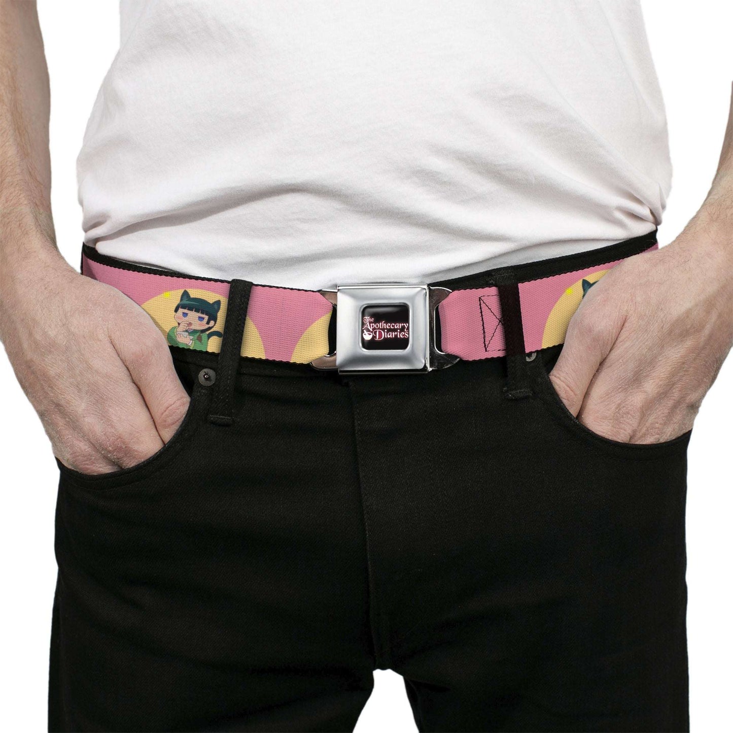 THE APOTHECARY DIARIES Title Logo Full Color Black/Red/White Seatbelt Belt - The Apothecary Diaries Chibi Maomao Cat Pose Pink/Yellow Webbing