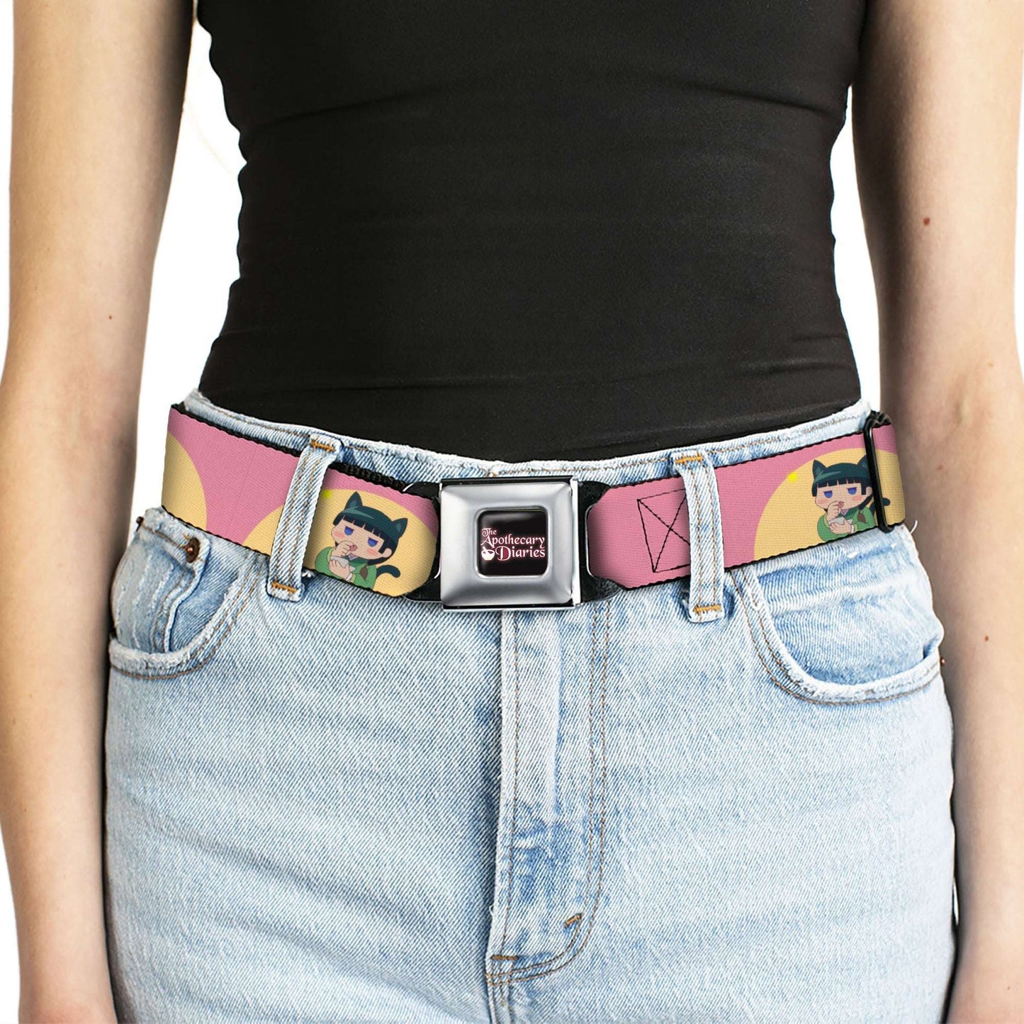 THE APOTHECARY DIARIES Title Logo Full Color Black/Red/White Seatbelt Belt - The Apothecary Diaries Chibi Maomao Cat Pose Pink/Yellow Webbing