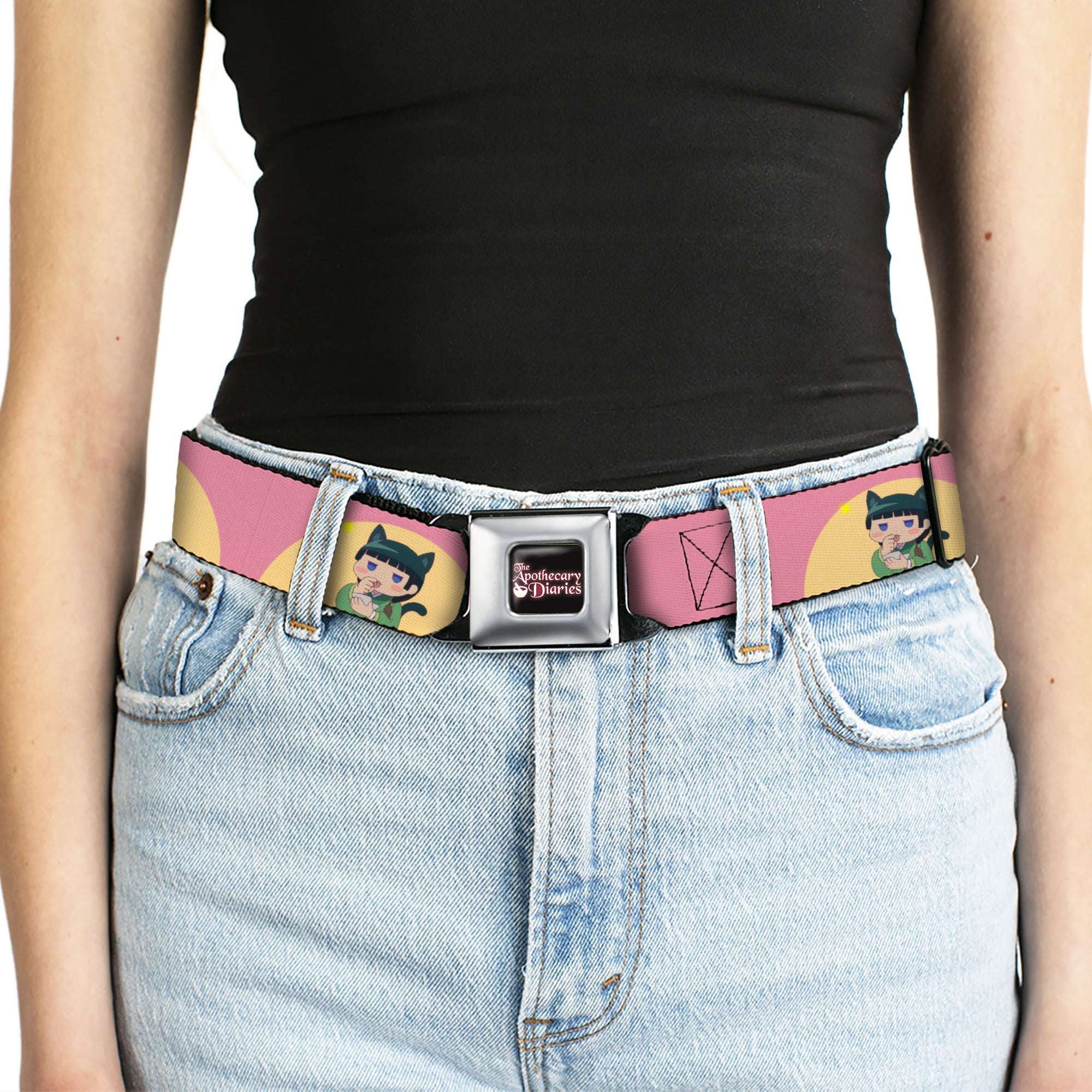 THE APOTHECARY DIARIES Title Logo Full Color Black/Red/White Seatbelt Belt - The Apothecary Diaries Chibi Maomao Cat Pose Pink/Yellow Webbing