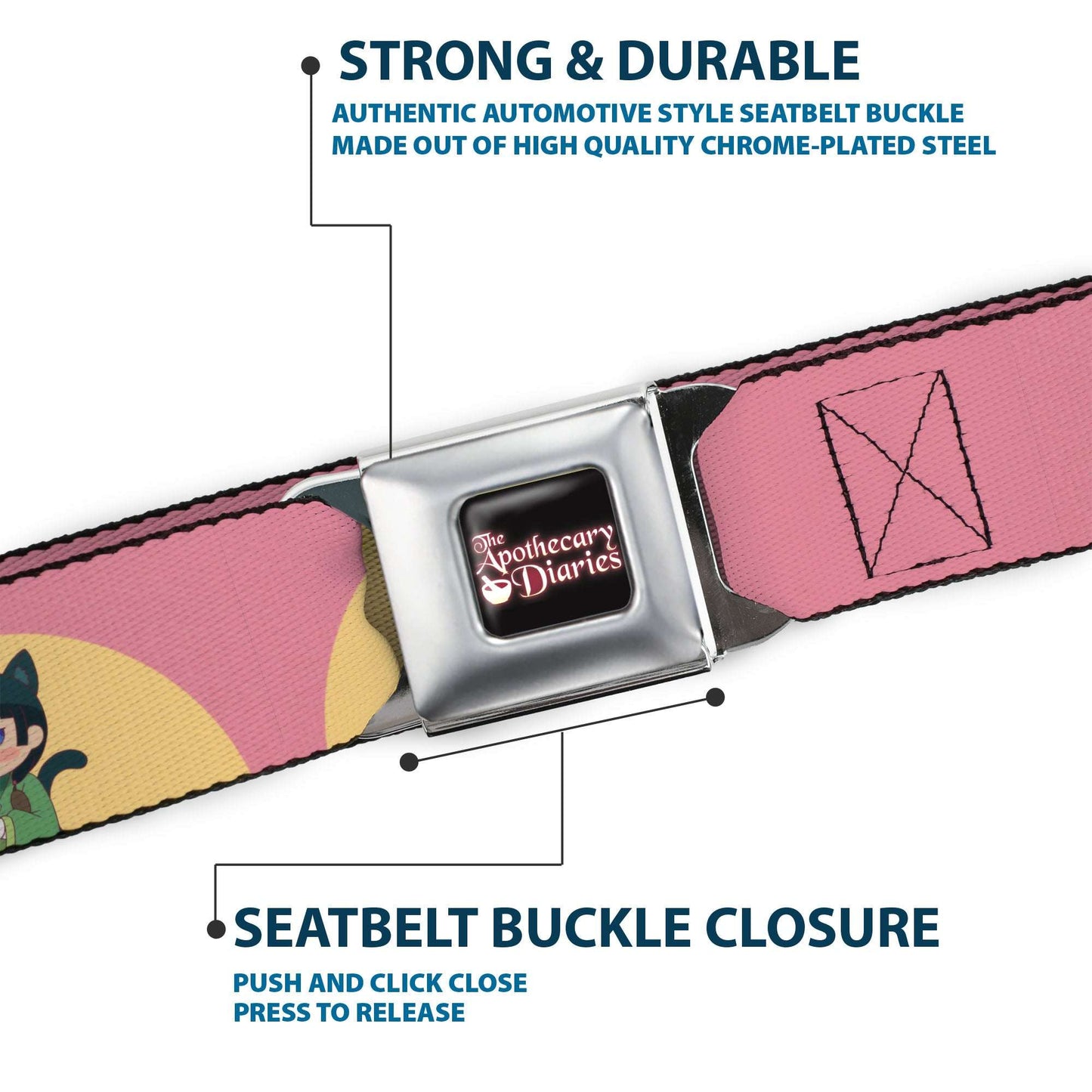 THE APOTHECARY DIARIES Title Logo Full Color Black/Red/White Seatbelt Belt - The Apothecary Diaries Chibi Maomao Cat Pose Pink/Yellow Webbing
