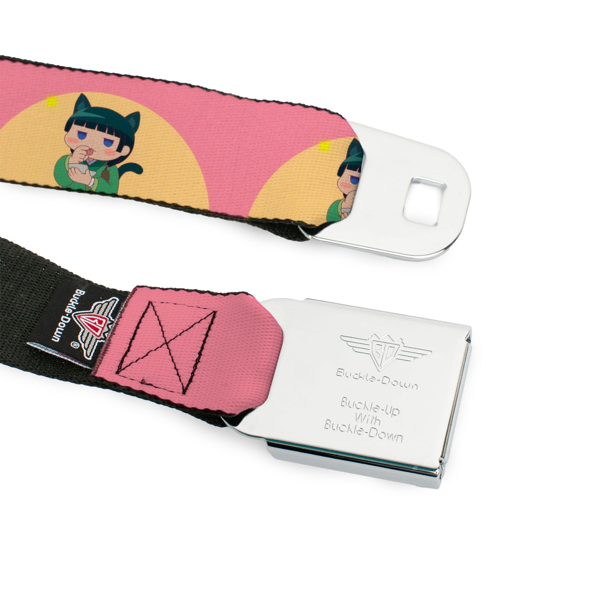 THE APOTHECARY DIARIES Title Logo Full Color Black/Red/White Seatbelt Belt - The Apothecary Diaries Chibi Maomao Cat Pose Pink/Yellow Webbing