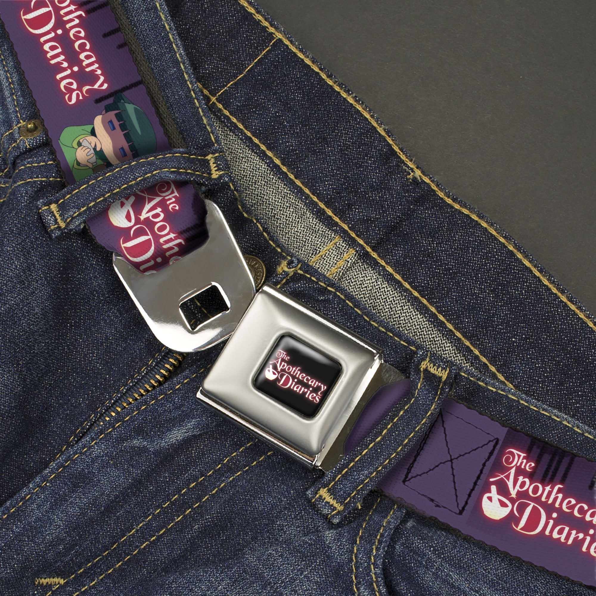 THE APOTHECARY DIARIES Title Logo Full Color Black/Red/White Seatbelt Belt - THE APOTHECARY DIARIES Chibi Maomao Pose and Title Logo Purple Webbing