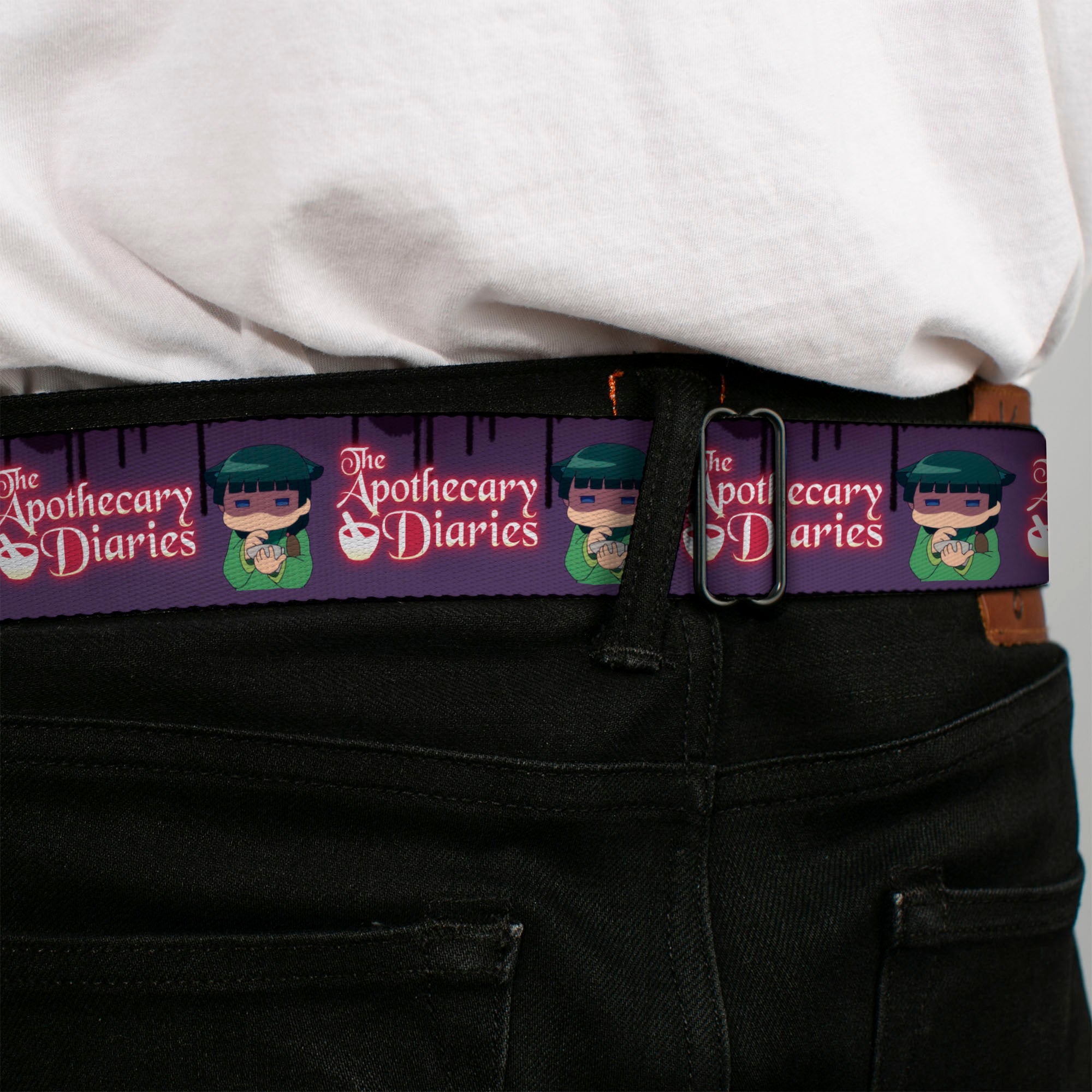 THE APOTHECARY DIARIES Title Logo Full Color Black/Red/White Seatbelt Belt - THE APOTHECARY DIARIES Chibi Maomao Pose and Title Logo Purple Webbing