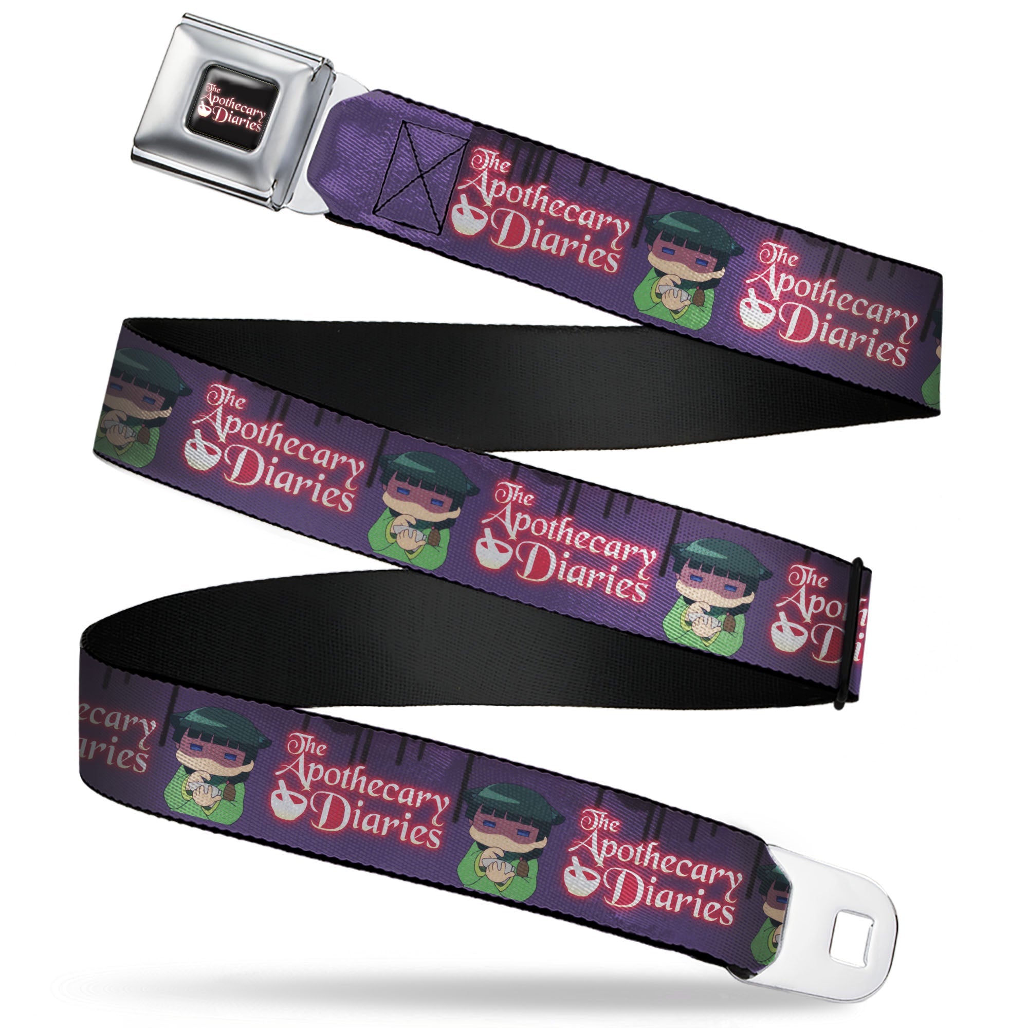 THE APOTHECARY DIARIES Title Logo Full Color Black/Red/White Seatbelt Belt - THE APOTHECARY DIARIES Chibi Maomao Pose and Title Logo Purple Webbing