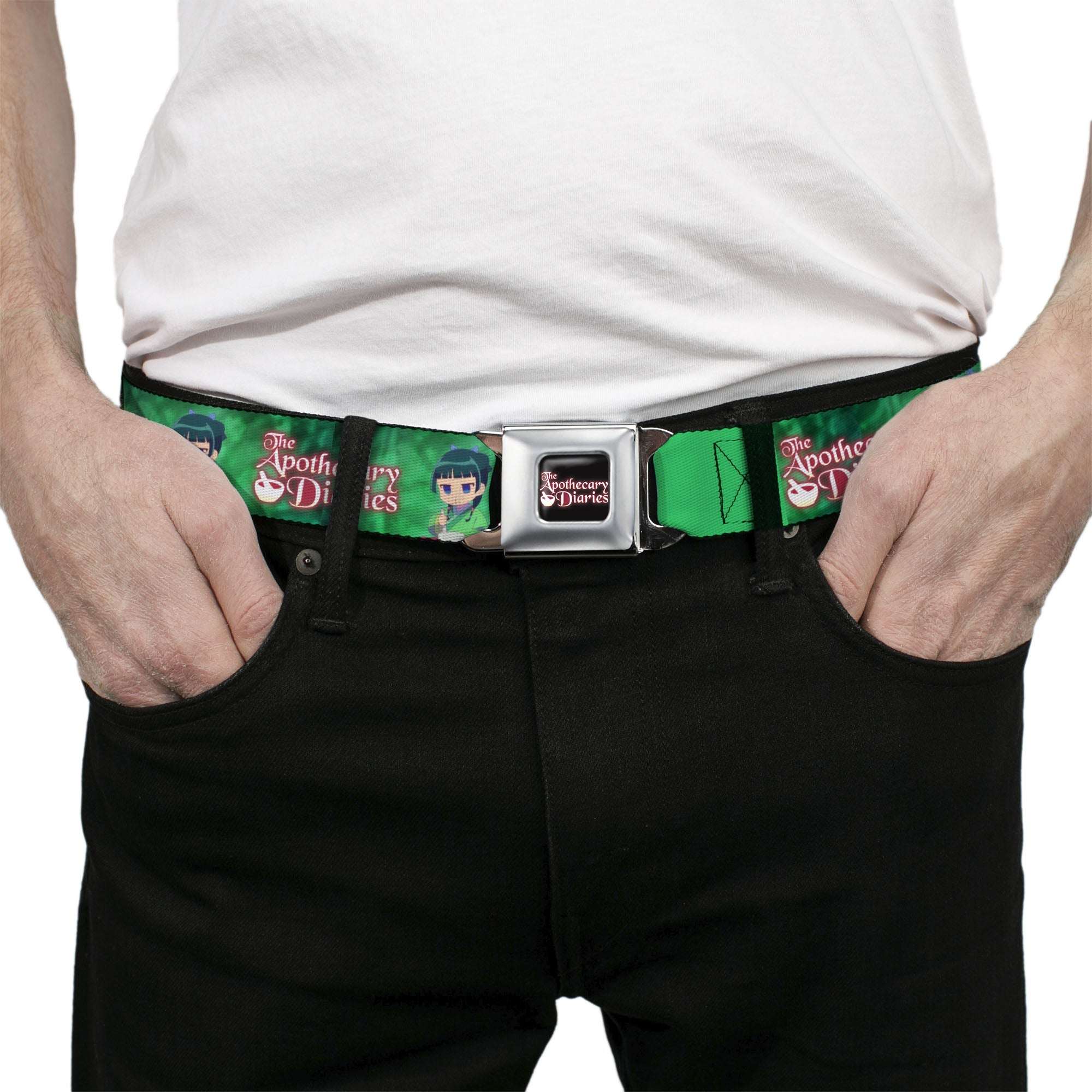 THE APOTHECARY DIARIES Title Logo Full Color Black/Red/White Seatbelt Belt - THE APOTHECARY DIARIES Maomao Grinding Pose and Title Logo Greens Webbing