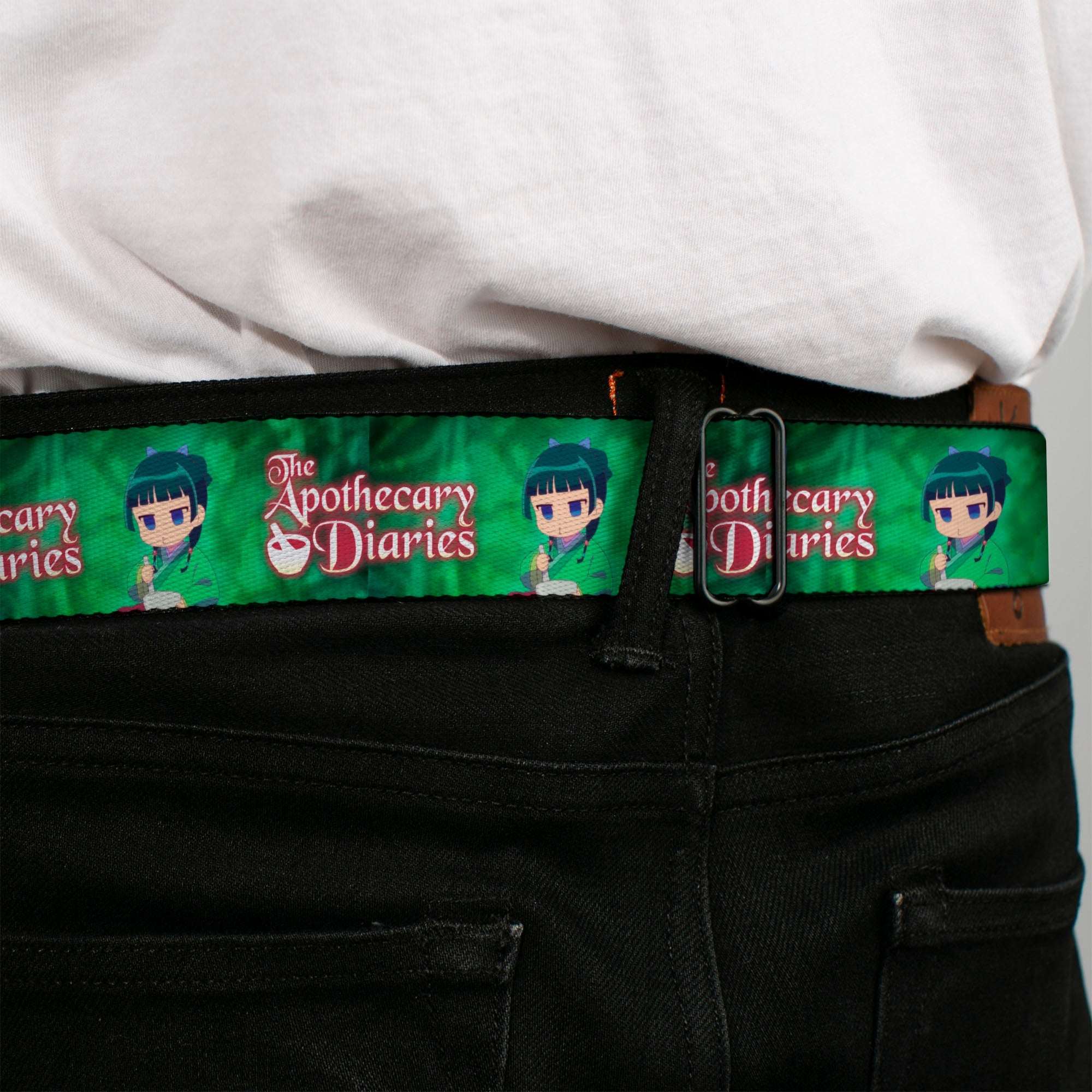 THE APOTHECARY DIARIES Title Logo Full Color Black/Red/White Seatbelt Belt - THE APOTHECARY DIARIES Maomao Grinding Pose and Title Logo Greens Webbing