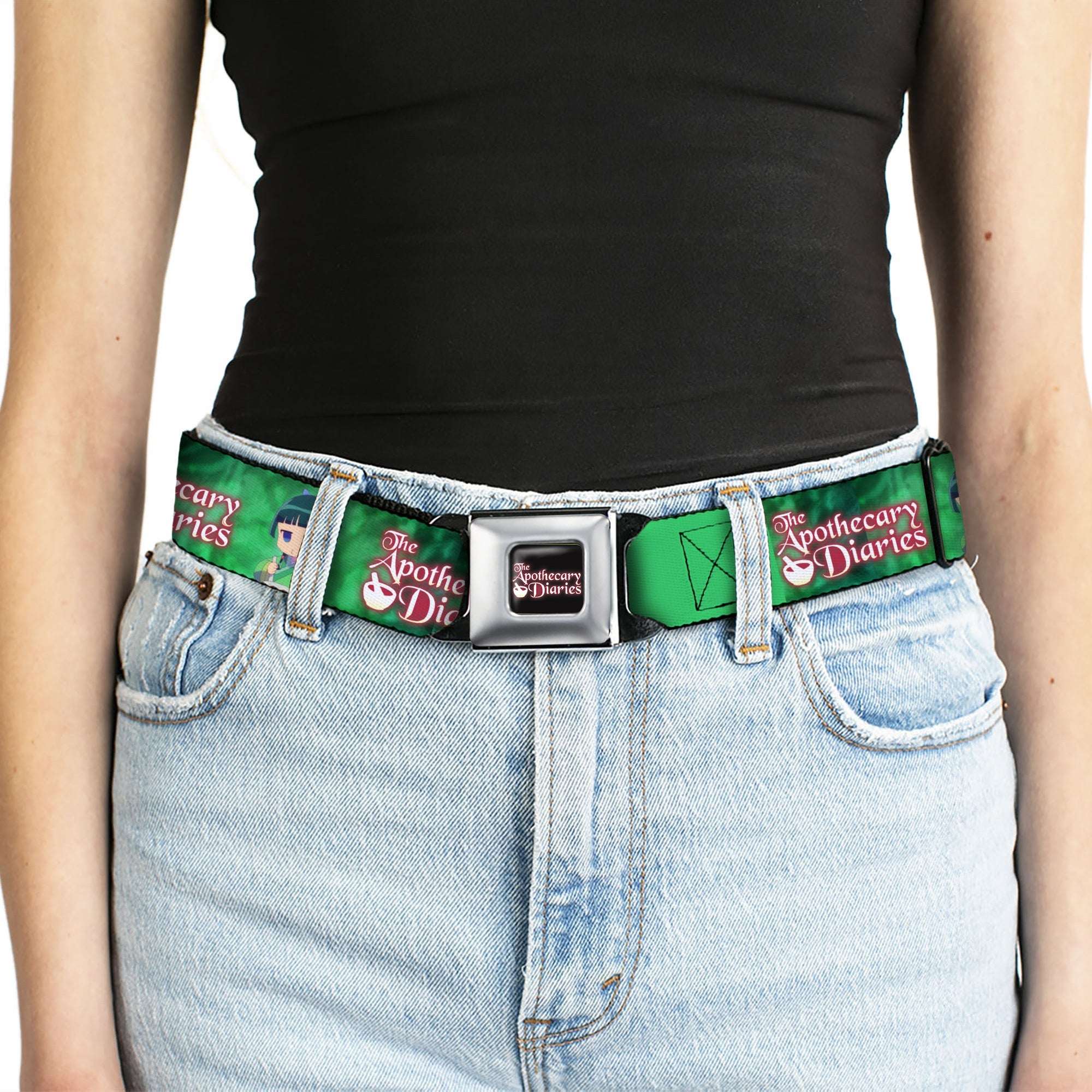 THE APOTHECARY DIARIES Title Logo Full Color Black/Red/White Seatbelt Belt - THE APOTHECARY DIARIES Maomao Grinding Pose and Title Logo Greens Webbing