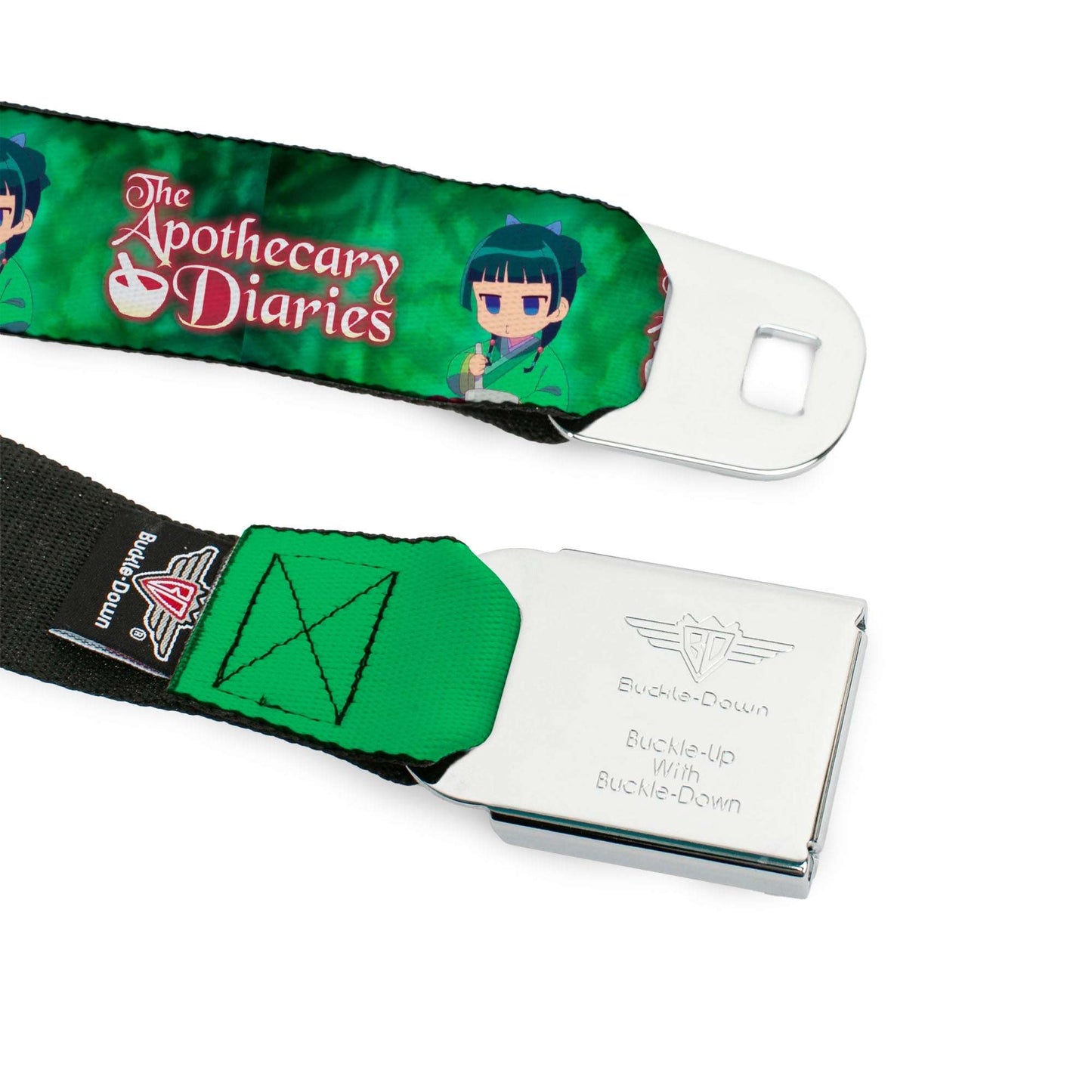 THE APOTHECARY DIARIES Title Logo Full Color Black/Red/White Seatbelt Belt - THE APOTHECARY DIARIES Maomao Grinding Pose and Title Logo Greens Webbing