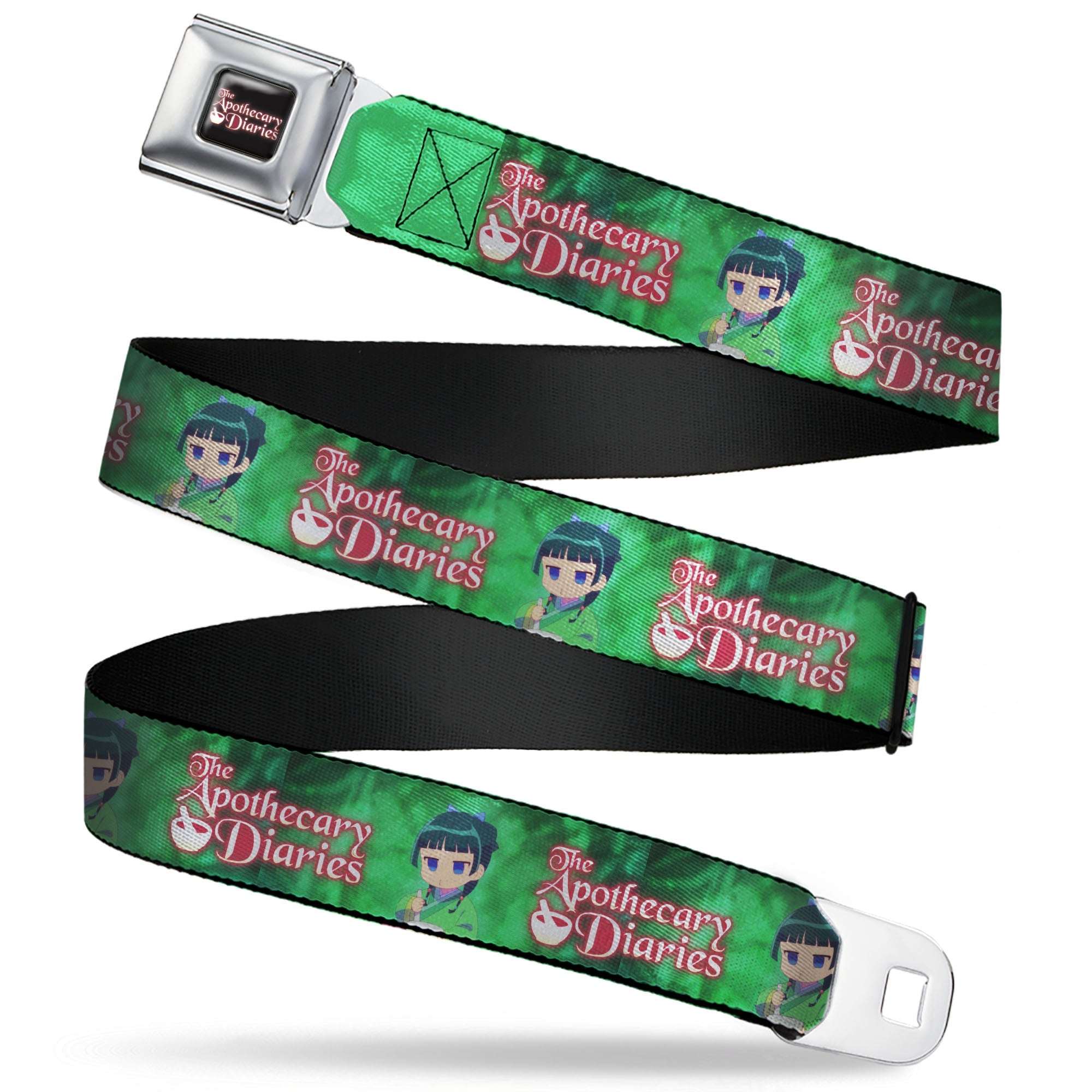 THE APOTHECARY DIARIES Title Logo Full Color Black/Red/White Seatbelt Belt - THE APOTHECARY DIARIES Maomao Grinding Pose and Title Logo Greens Webbing