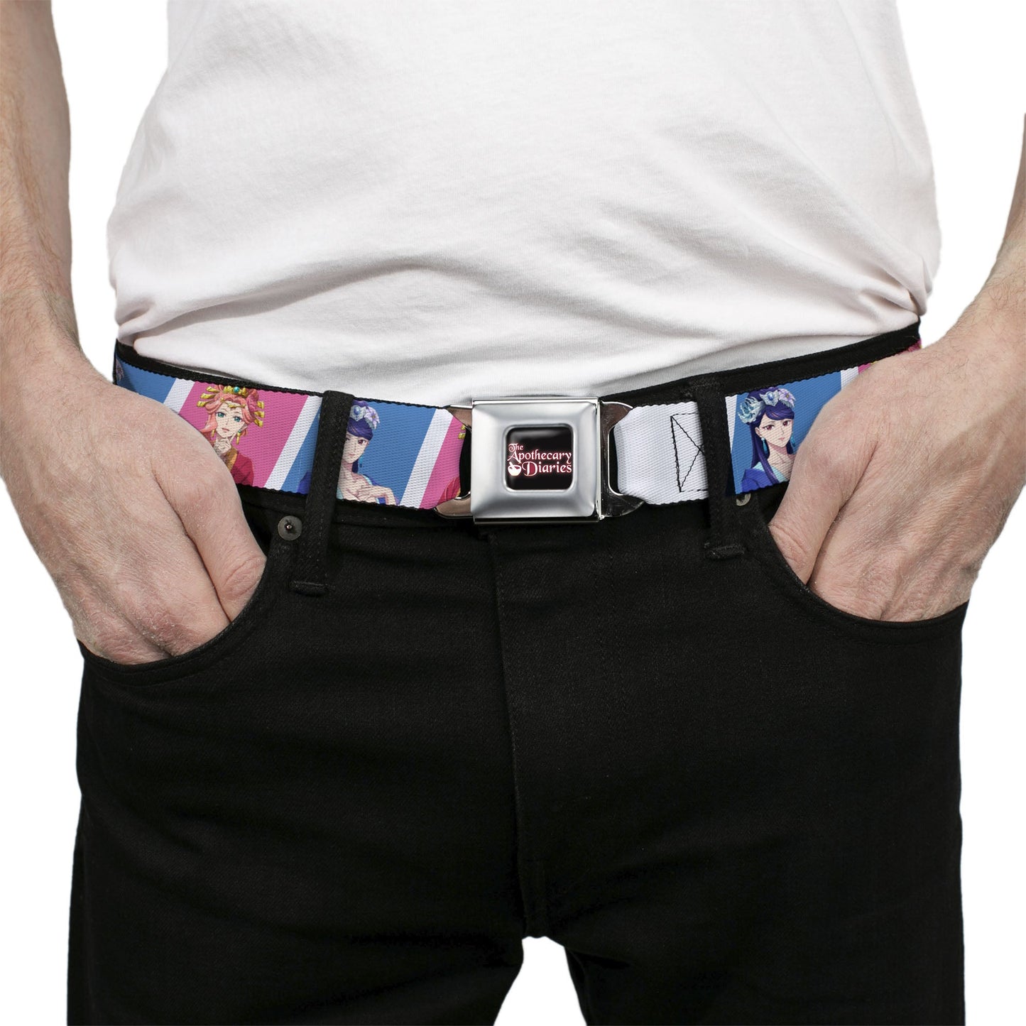 THE APOTHECARY DIARIES Title Logo Full Color Black/Red/White Seatbelt Belt - The Apothecary Diaries Gyokuyo and Lihua Pose Blocks White/Pink/Blue Webbing