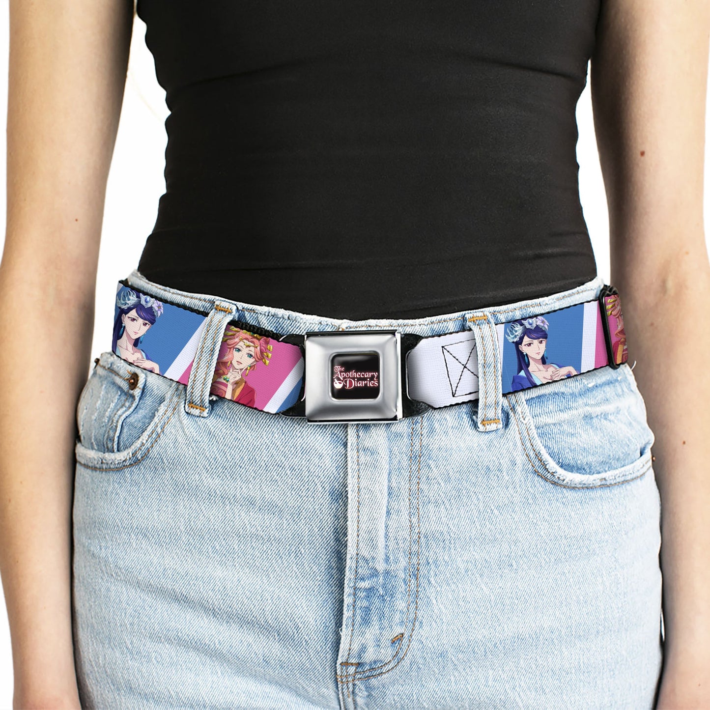 THE APOTHECARY DIARIES Title Logo Full Color Black/Red/White Seatbelt Belt - The Apothecary Diaries Gyokuyo and Lihua Pose Blocks White/Pink/Blue Webbing