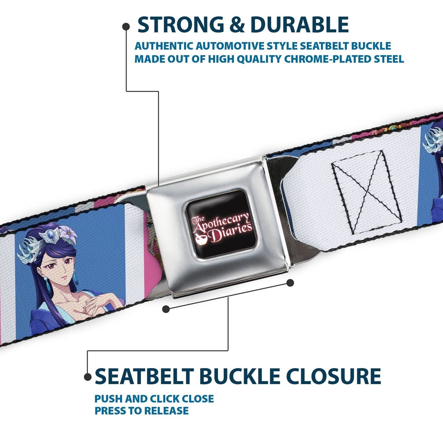 THE APOTHECARY DIARIES Title Logo Full Color Black/Red/White Seatbelt Belt - The Apothecary Diaries Gyokuyo and Lihua Pose Blocks White/Pink/Blue Webbing