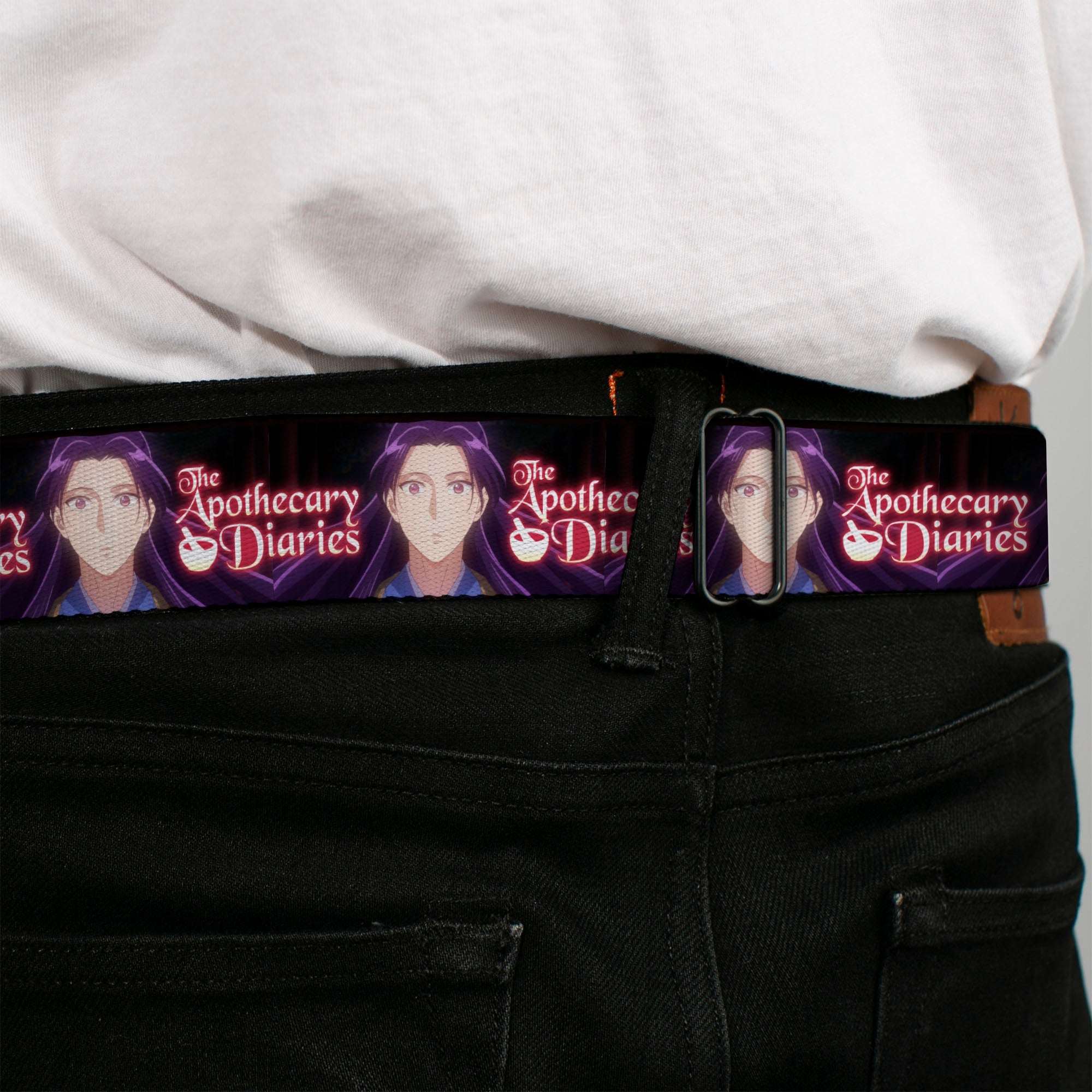 THE APOTHECARY DIARIES Title Logo Full Color Black/Red/White Seatbelt Belt - THE APOTHECARY DIARIES Jinshi Pose and Title Logo Black Webbing