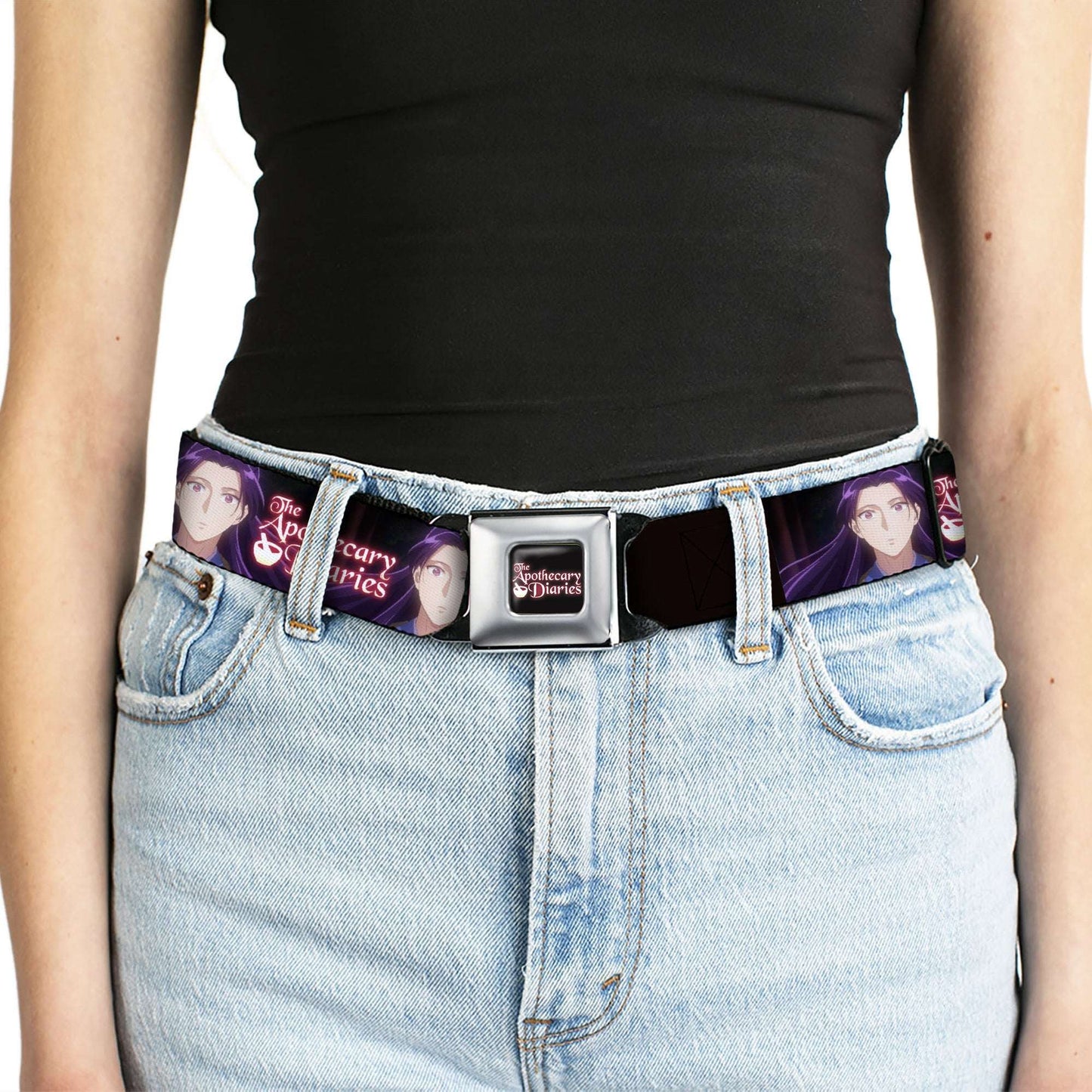 THE APOTHECARY DIARIES Title Logo Full Color Black/Red/White Seatbelt Belt - THE APOTHECARY DIARIES Jinshi Pose and Title Logo Black Webbing