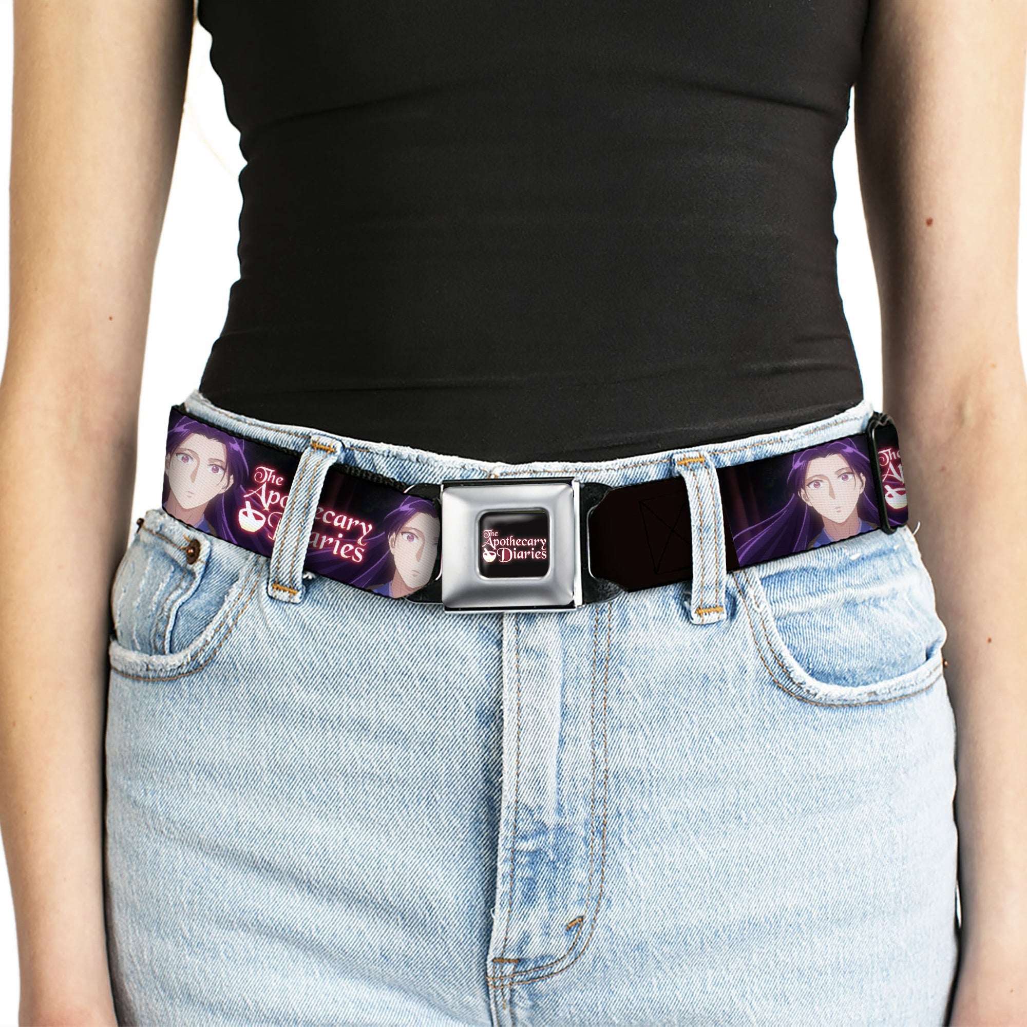 THE APOTHECARY DIARIES Title Logo Full Color Black/Red/White Seatbelt Belt - THE APOTHECARY DIARIES Jinshi Pose and Title Logo Black Webbing