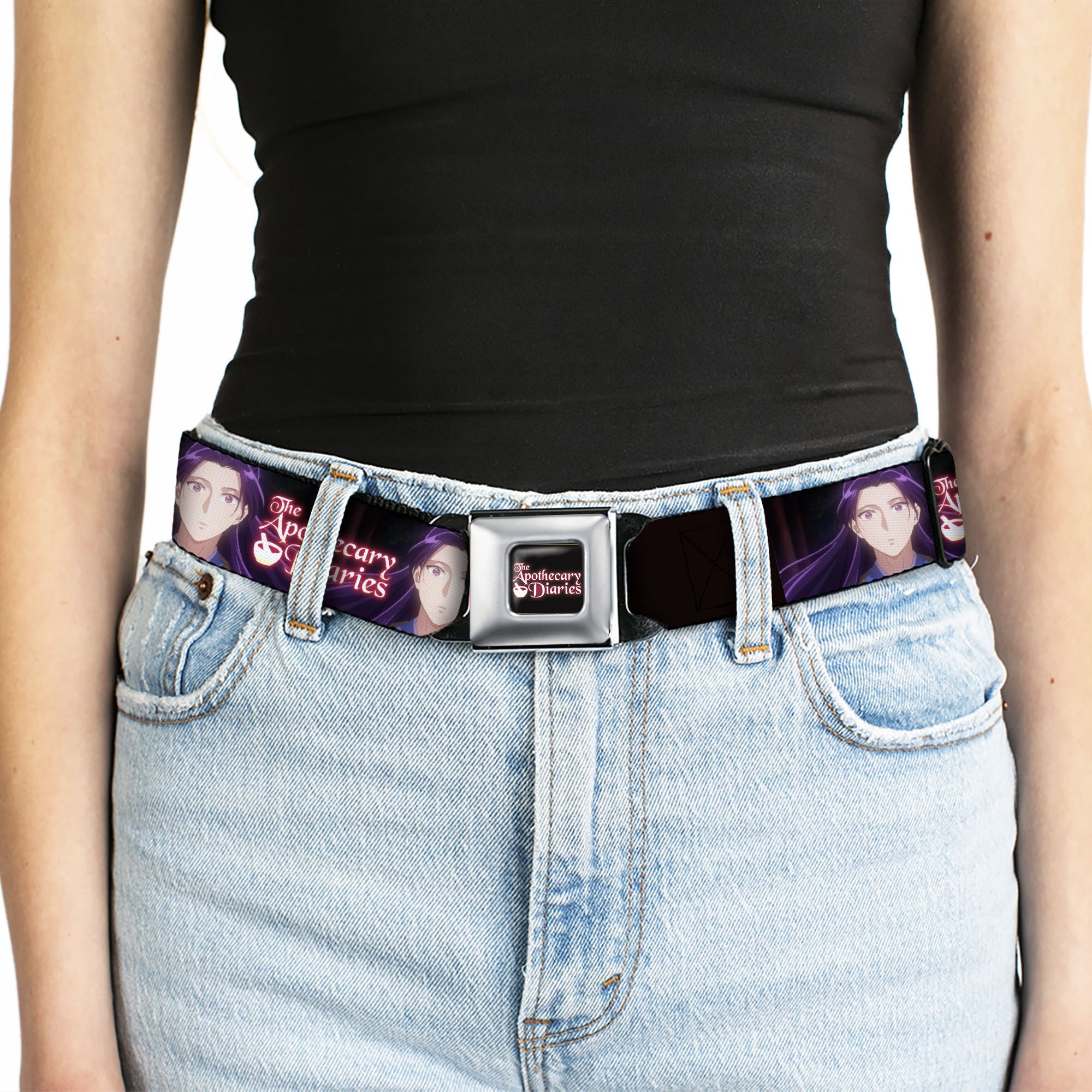 THE APOTHECARY DIARIES Title Logo Full Color Black/Red/White Seatbelt Belt - THE APOTHECARY DIARIES Jinshi Pose and Title Logo Black Webbing