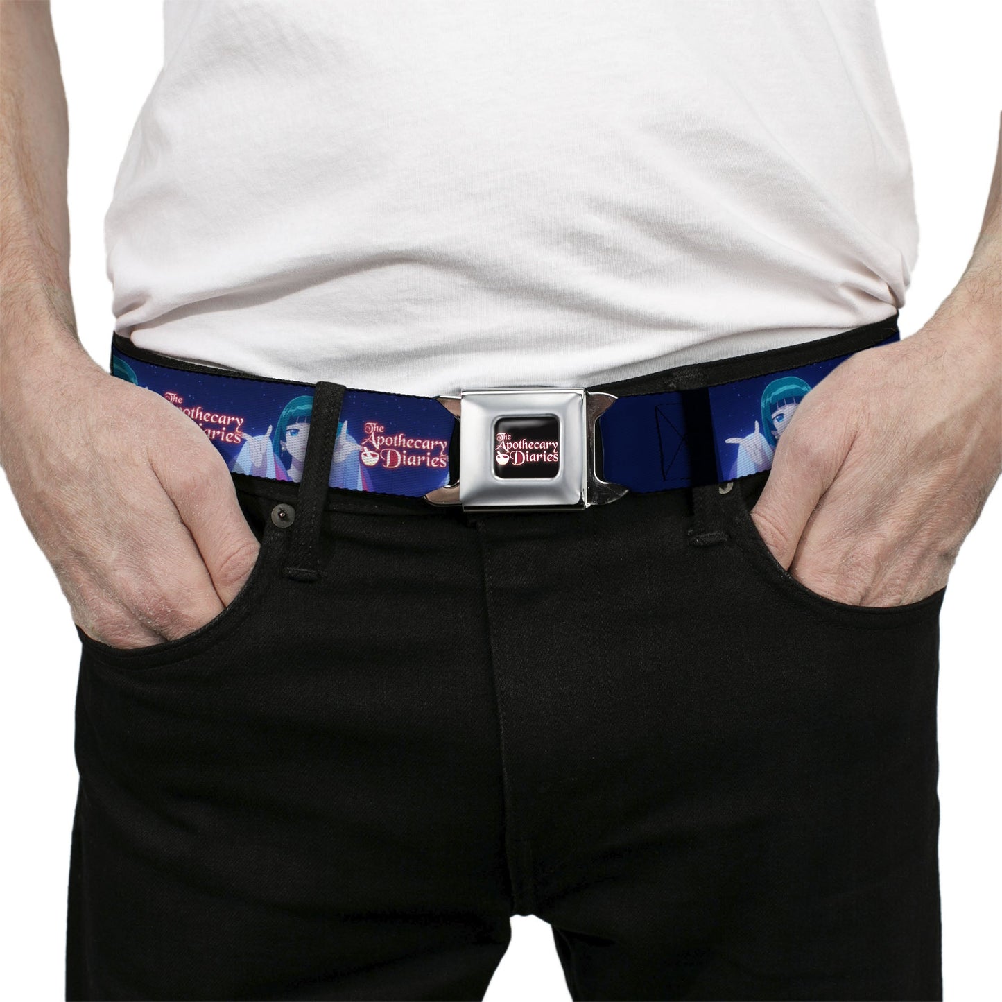 THE APOTHECARY DIARIES Title Logo Full Color Black/Red/White Seatbelt Belt - THE APOTHECARY DIARIES Maomao Hands Out Pose and Title Logo Purples Webbing