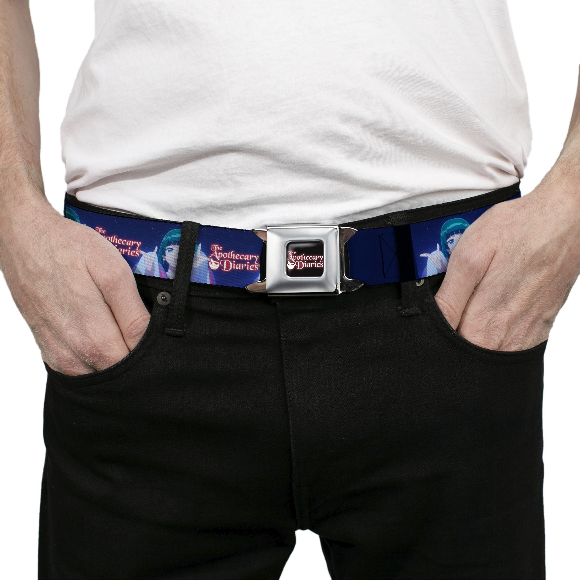 THE APOTHECARY DIARIES Title Logo Full Color Black/Red/White Seatbelt Belt - THE APOTHECARY DIARIES Maomao Hands Out Pose and Title Logo Purples Webbing
