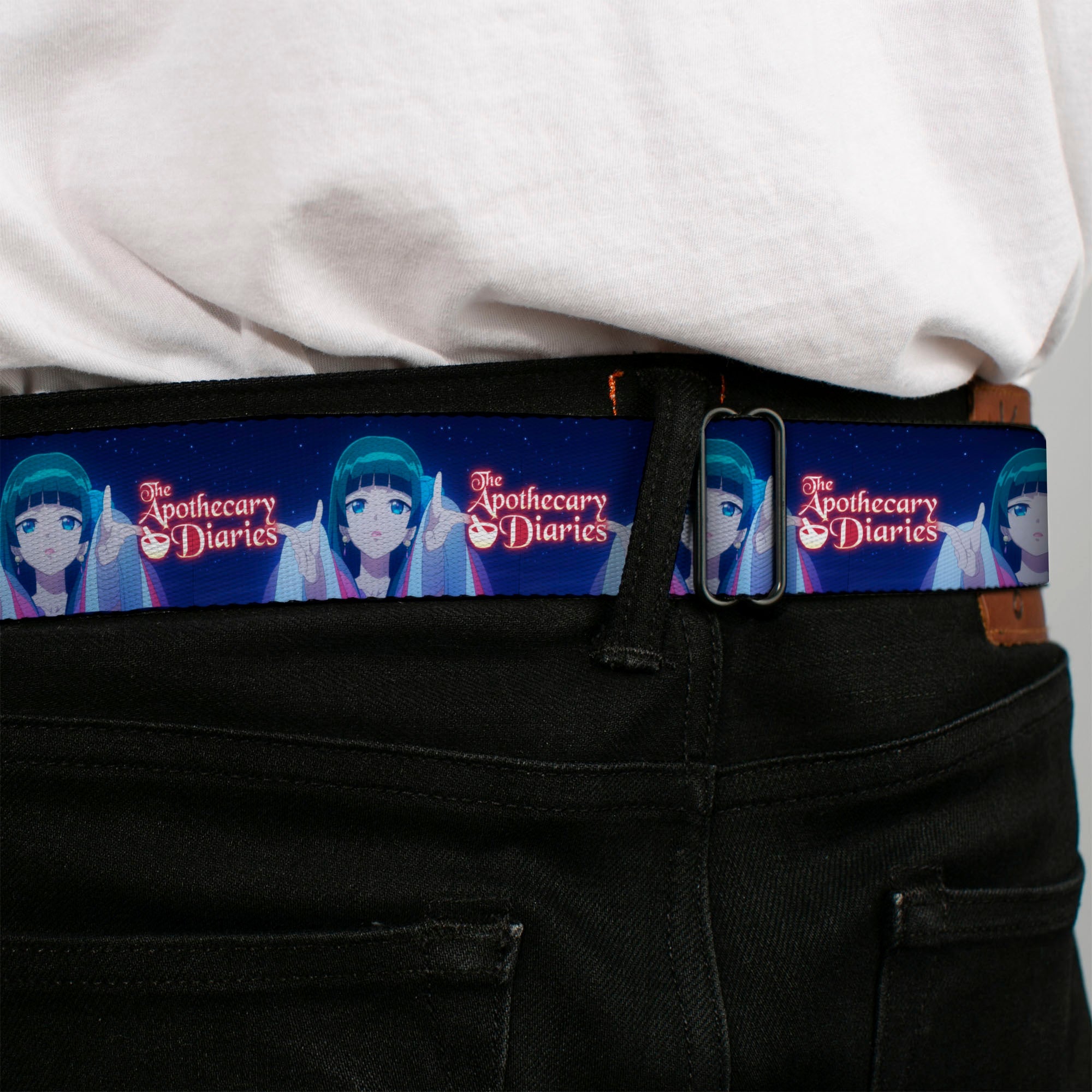 THE APOTHECARY DIARIES Title Logo Full Color Black/Red/White Seatbelt Belt - THE APOTHECARY DIARIES Maomao Hands Out Pose and Title Logo Purples Webbing