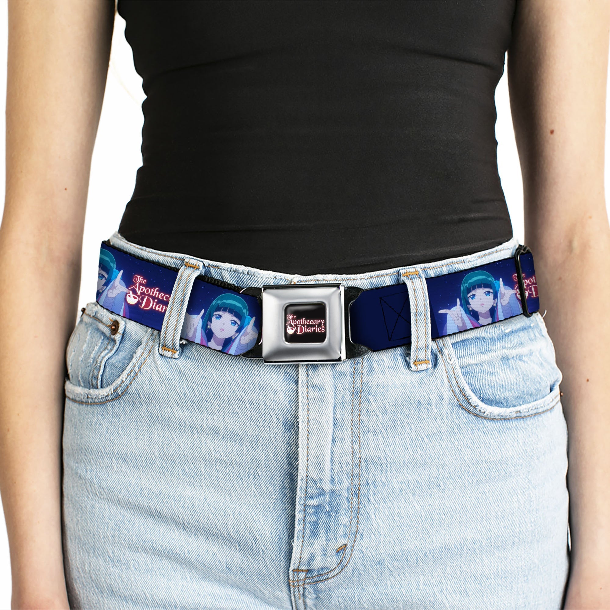 THE APOTHECARY DIARIES Title Logo Full Color Black/Red/White Seatbelt Belt - THE APOTHECARY DIARIES Maomao Hands Out Pose and Title Logo Purples Webbing