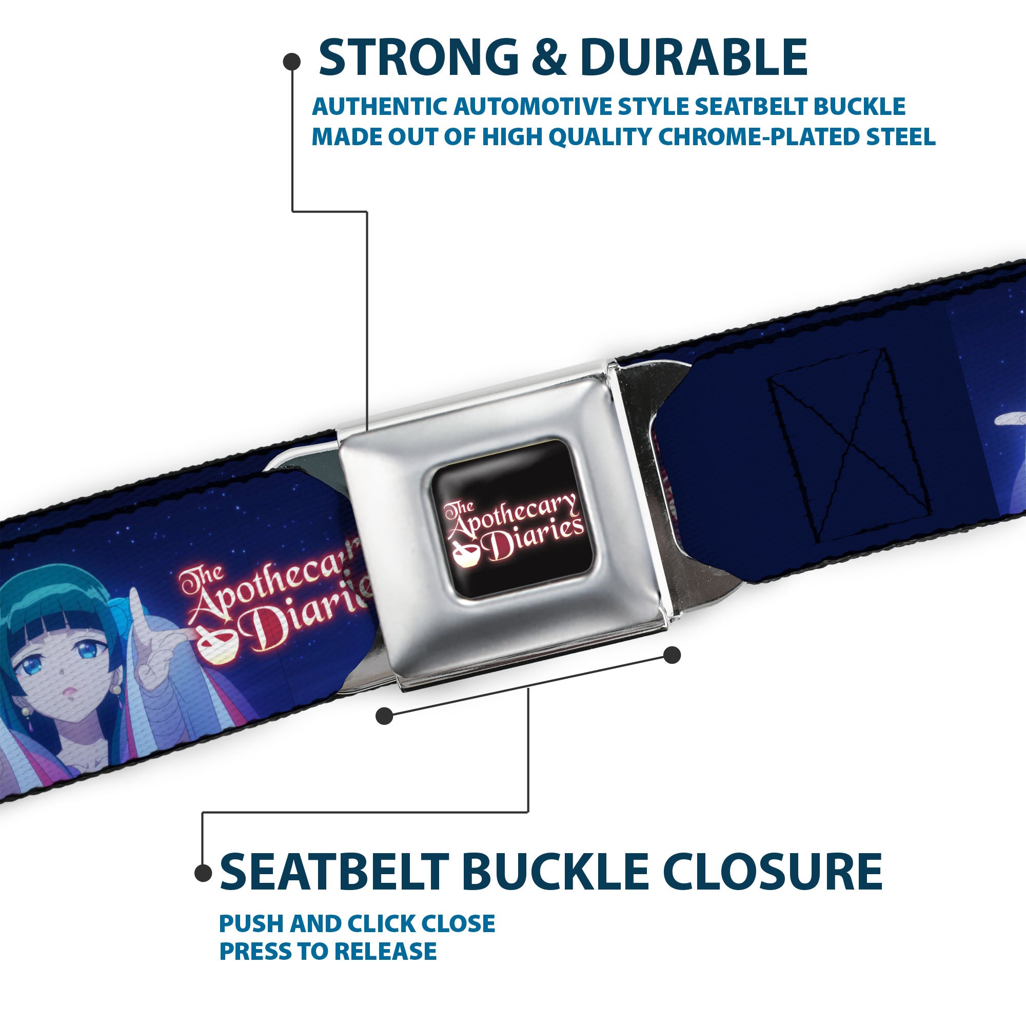 THE APOTHECARY DIARIES Title Logo Full Color Black/Red/White Seatbelt Belt - THE APOTHECARY DIARIES Maomao Hands Out Pose and Title Logo Purples Webbing