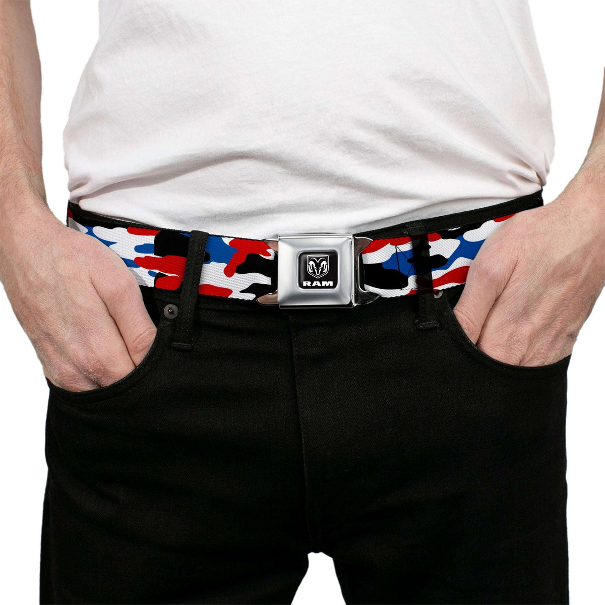 RAM Logo Full Color Black/White Seatbelt Belt - Ram Americana Camo Red/White/Blue/Black Webbing - Buckle-Down - Flyclothing LLC