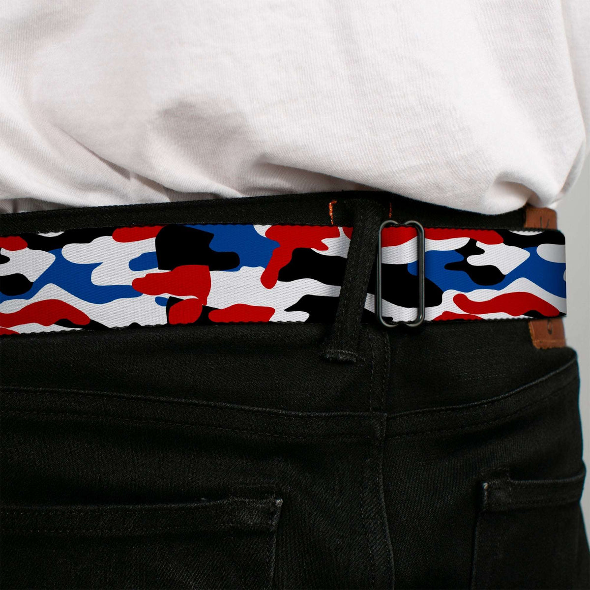 RAM Logo Full Color Black/White Seatbelt Belt - Ram Americana Camo Red/White/Blue/Black Webbing - Buckle-Down - Flyclothing LLC