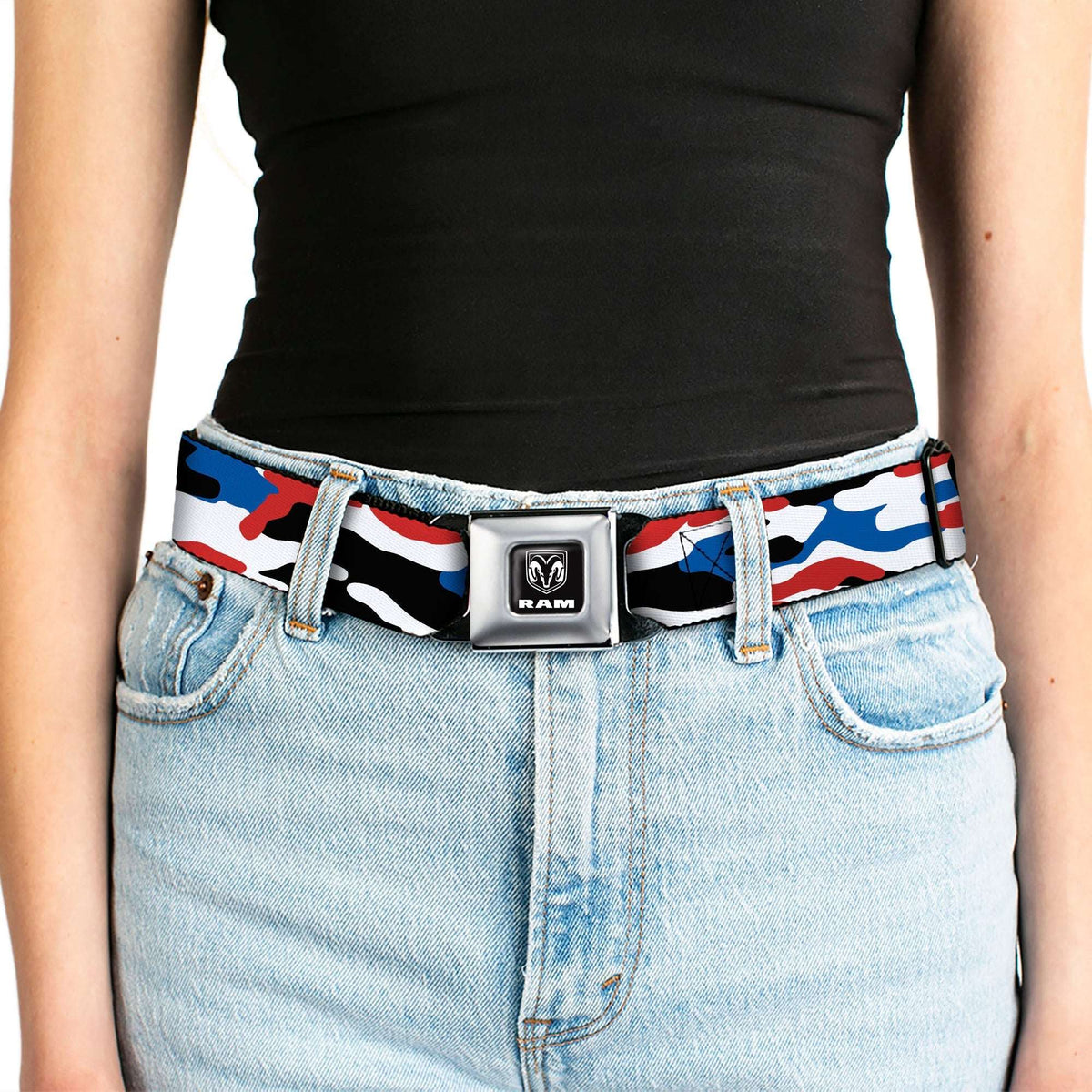 RAM Logo Full Color Black/White Seatbelt Belt - Ram Americana Camo Red/White/Blue/Black Webbing - Buckle-Down - Flyclothing LLC