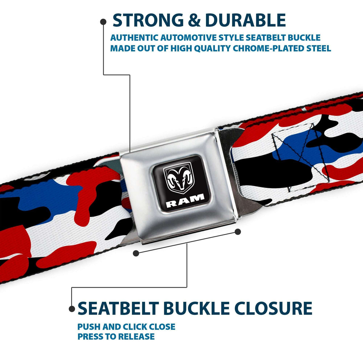 RAM Logo Full Color Black/White Seatbelt Belt - Ram Americana Camo Red/White/Blue/Black Webbing - Buckle-Down - Flyclothing LLC
