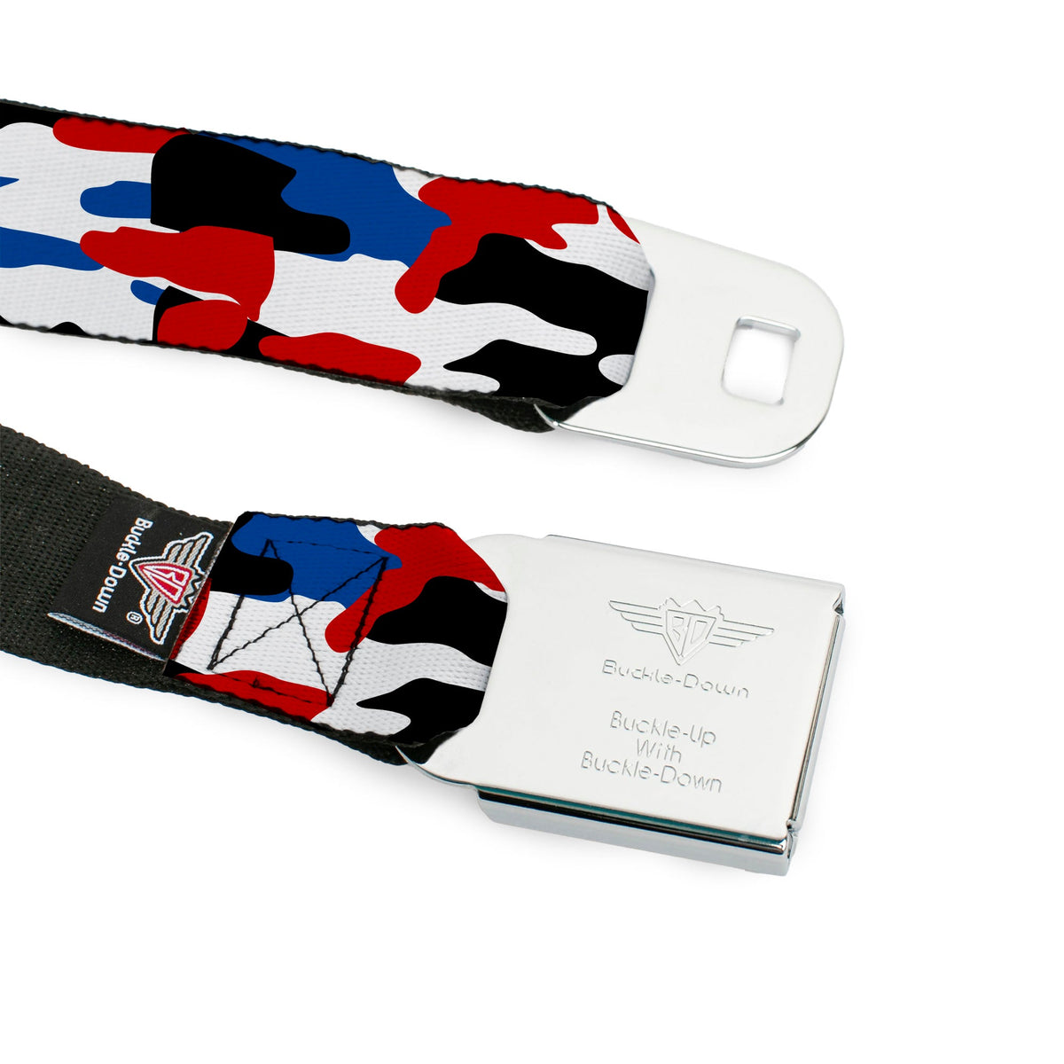 RAM Logo Full Color Black/White Seatbelt Belt - Ram Americana Camo Red/White/Blue/Black Webbing - Buckle-Down - Flyclothing LLC