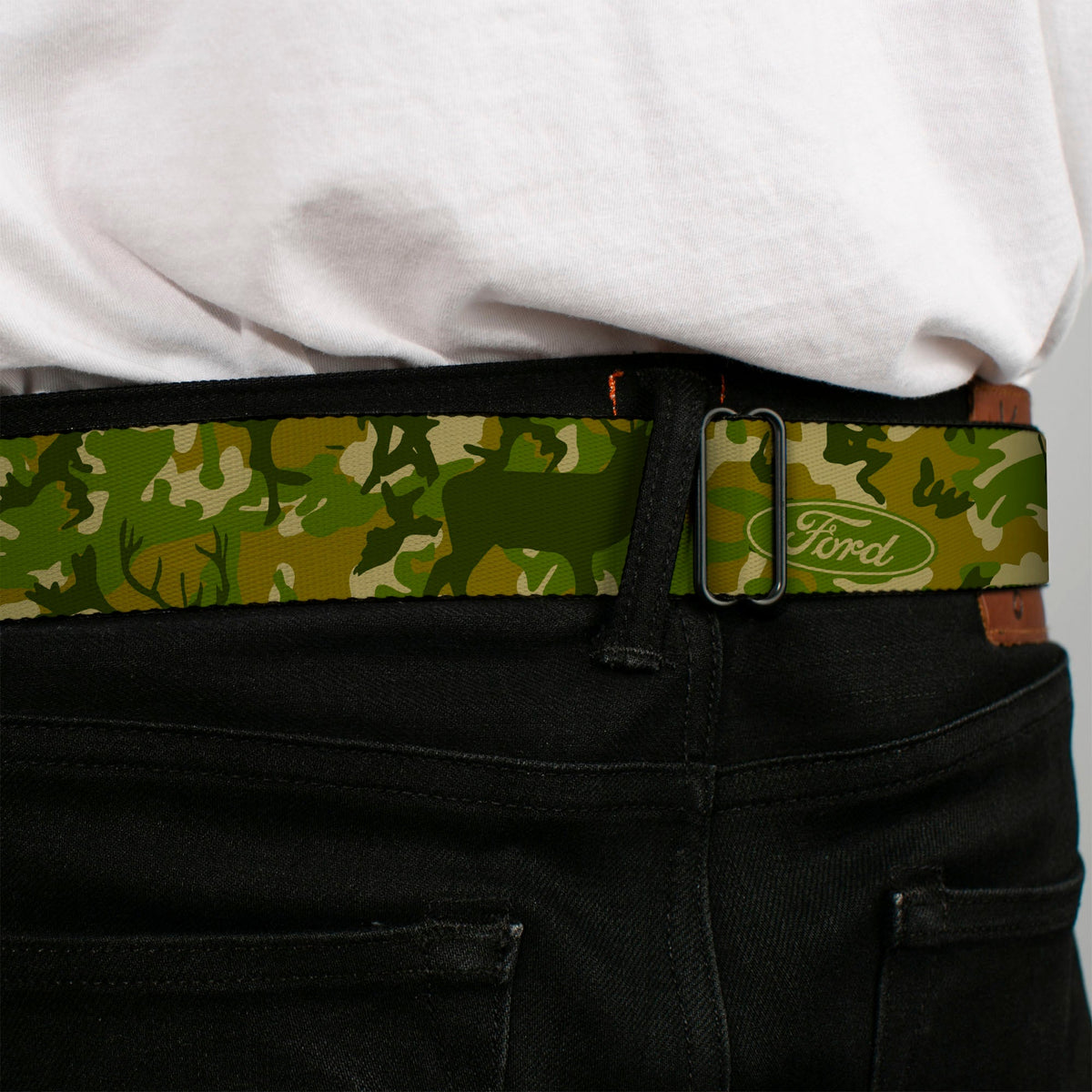 FORD Oval Full Color Deer Hunter Camo Olive Seatbelt Belt - FORD Deer Hunter Camo Olive Webbing - Buckle-Down - Flyclothing LLC