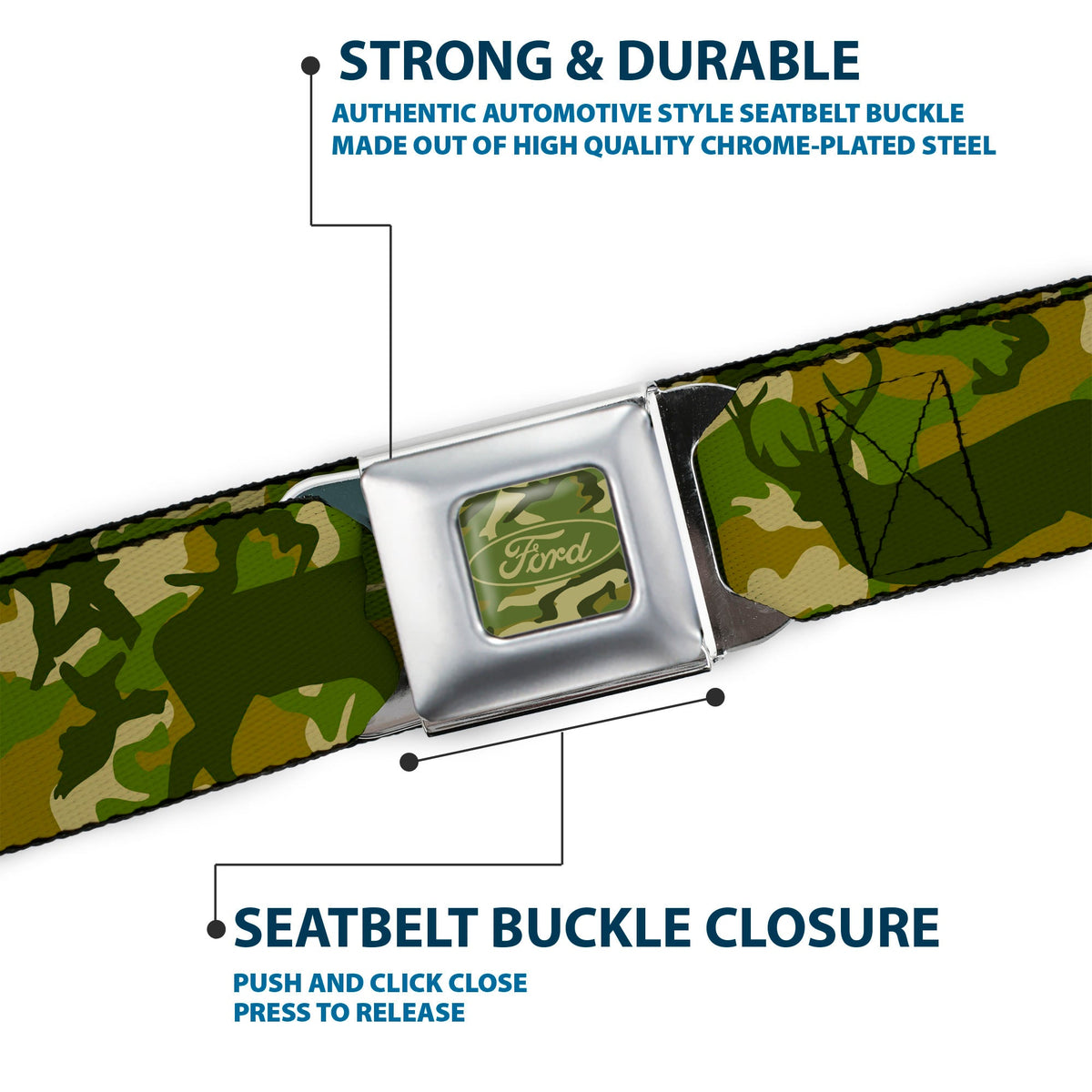 FORD Oval Full Color Deer Hunter Camo Olive Seatbelt Belt - FORD Deer Hunter Camo Olive Webbing - Buckle-Down - Flyclothing LLC