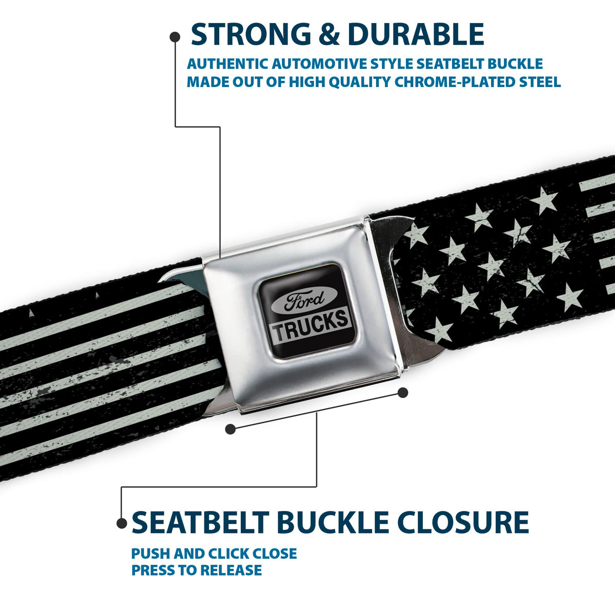 Ford Trucks Seatbelt Belt - Americana Stars & Stripes2 Weathered Black/Gray