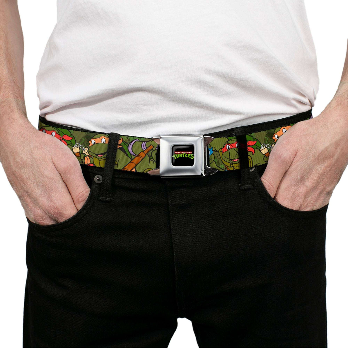 Classic TMNT Logo Full Color Seatbelt Belt - Classic Teenage Mutant Ninja Turtles Group Pose CLOSE-UP Camo Turtle Shell Webbing