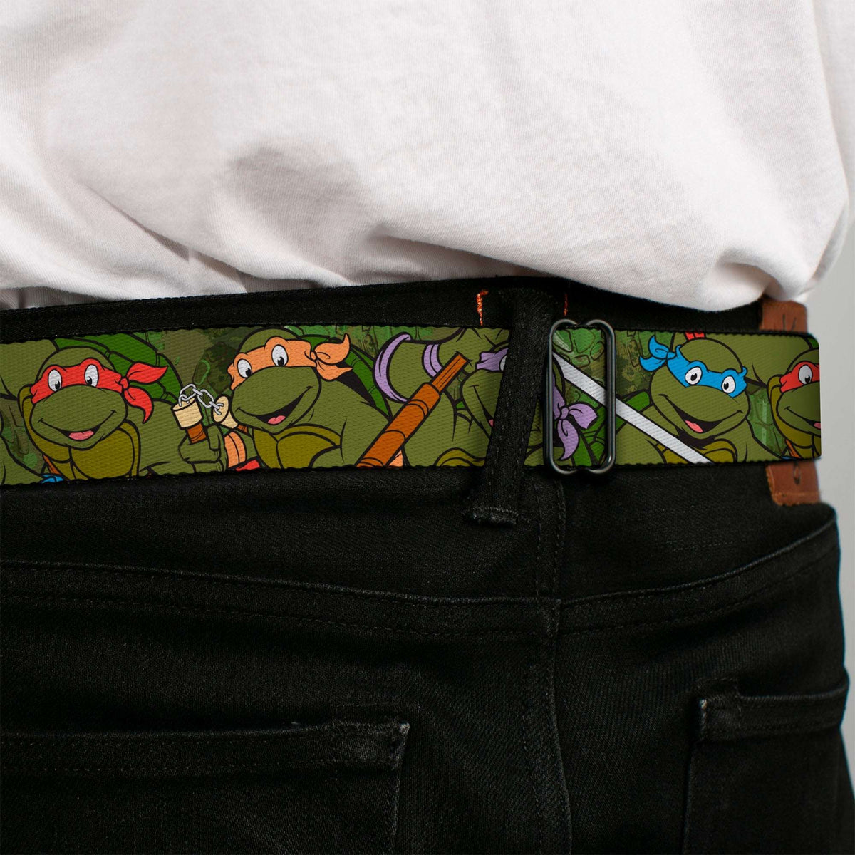 Classic TMNT Logo Full Color Seatbelt Belt - Classic Teenage Mutant Ninja Turtles Group Pose CLOSE-UP Camo Turtle Shell Webbing