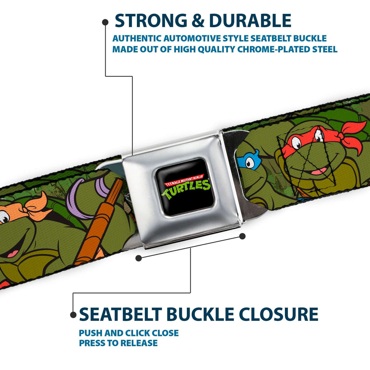 Classic TMNT Logo Full Color Seatbelt Belt - Classic Teenage Mutant Ninja Turtles Group Pose CLOSE-UP Camo Turtle Shell Webbing